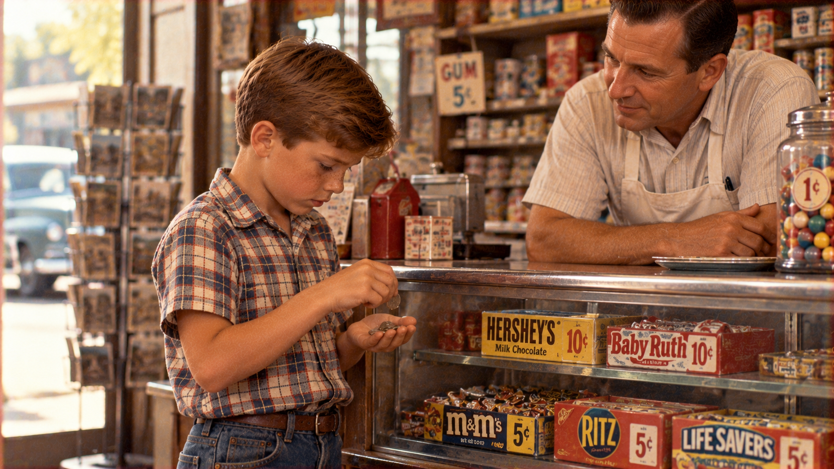 A young boy in a plaid shirt counts coins at a candy counter while a store clerk looks on.