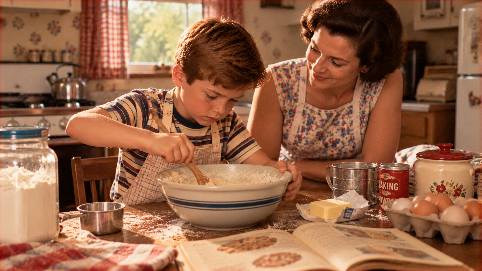 A woman watches as a young boy in an apron stirs batter in a bowl on a kitchen table.