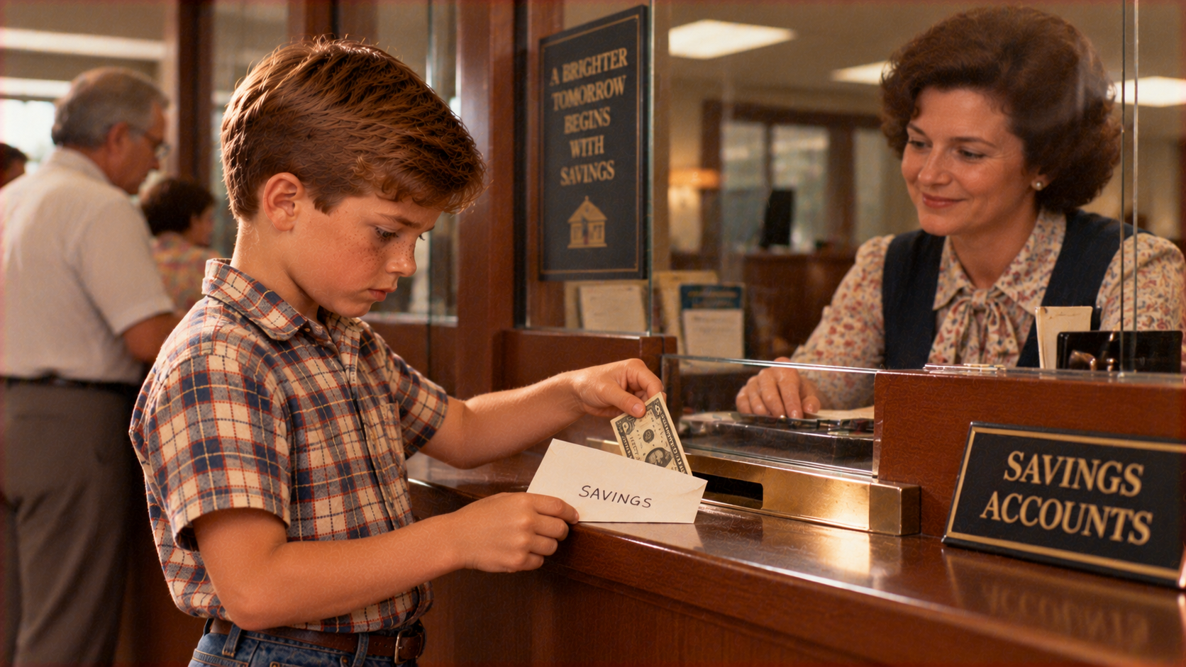 A young boy in a plaid shirt hands a dollar bill and a savings envelope to a bank teller.