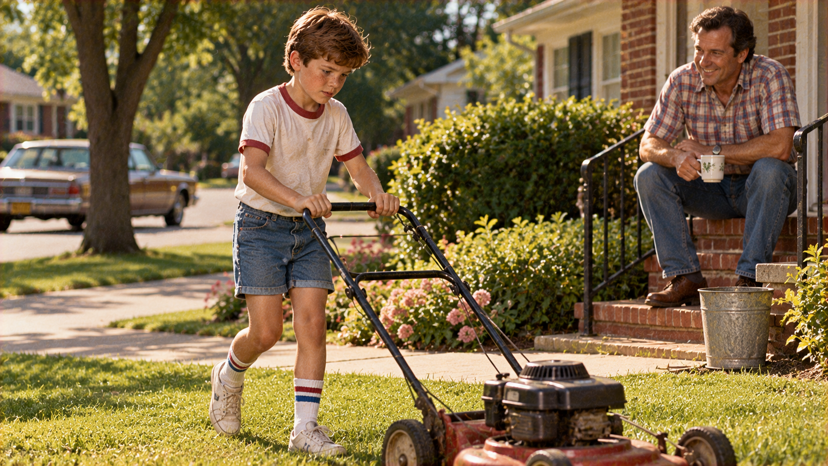 A young boy mows the lawn while a man holding a mug watches from the front porch.