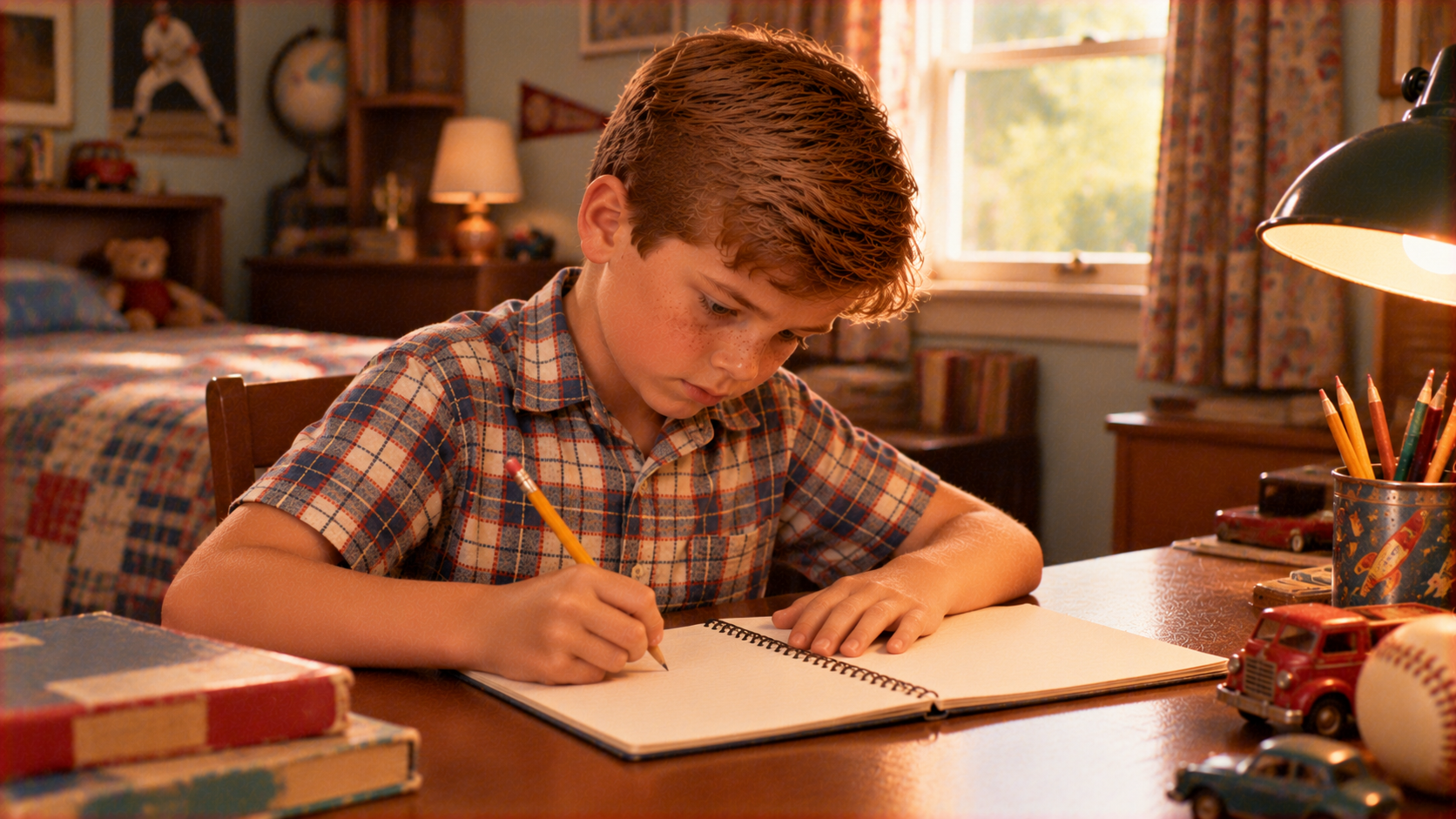 A young boy in a plaid shirt sits at a desk, writing in a spiral notebook.