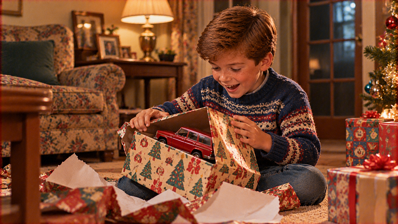 A young boy in a patterned sweater smiles as he opens a Christmas present containing a red toy car.