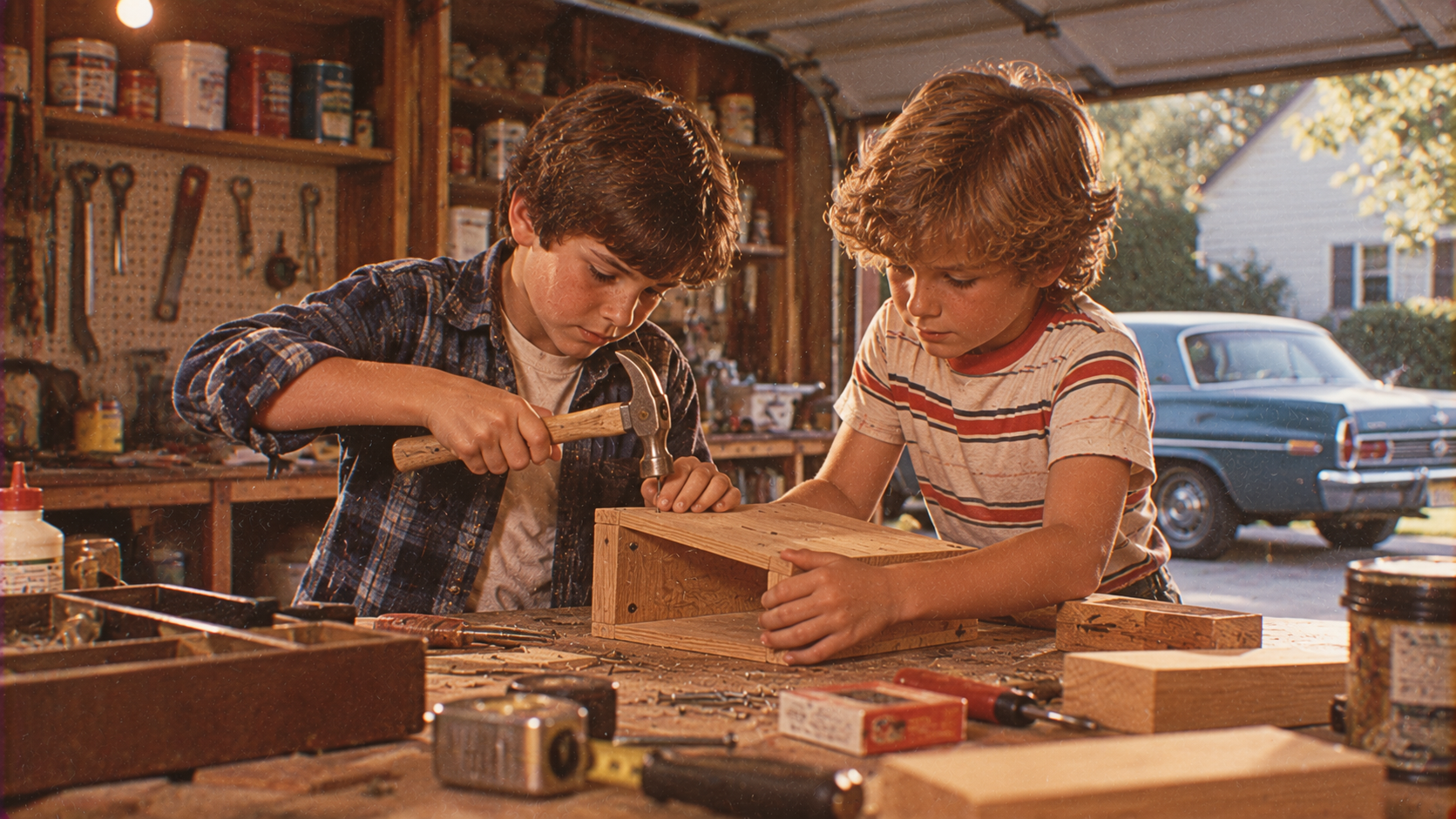 Two boys are building a wooden box in a garage workshop. One boy uses a hammer while the other holds the wood steady. Tools, nails, and supplies are scattered on the workbench. An old car is parked outside.