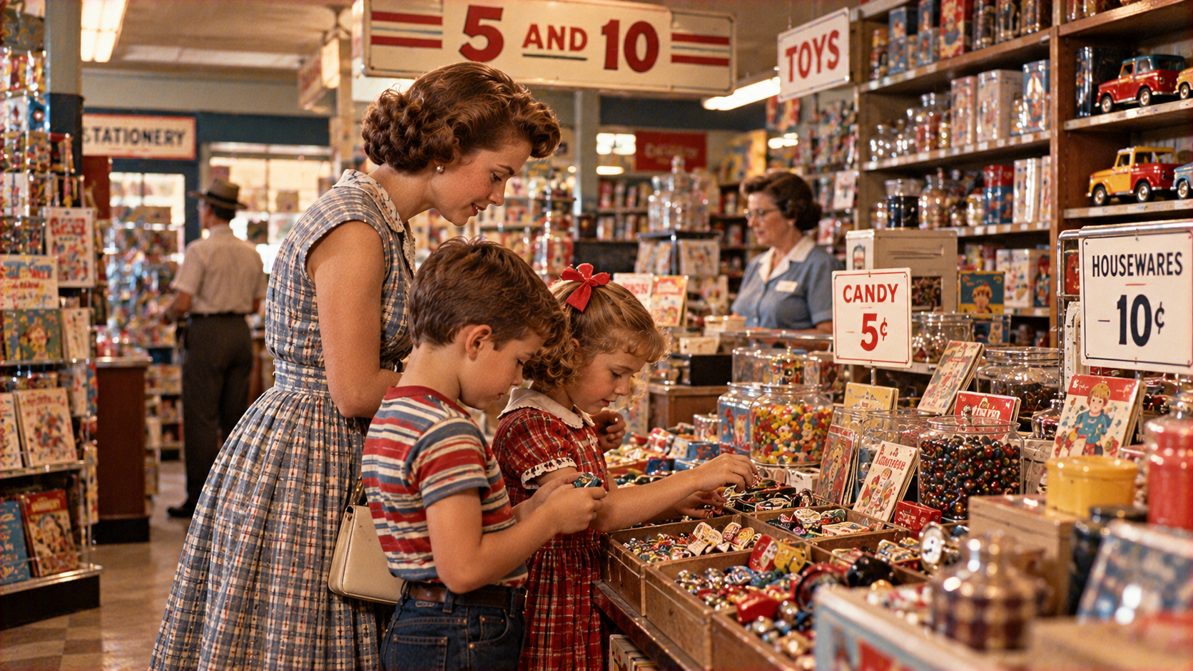 A woman and two children look at toys in a vintage five-and-dime store, with shelves of toys and candy bins in the background.