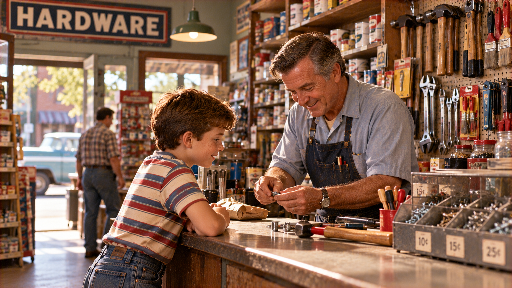 A smiling man in a workshop apron shows a small metal part to a young boy at a hardware store counter.