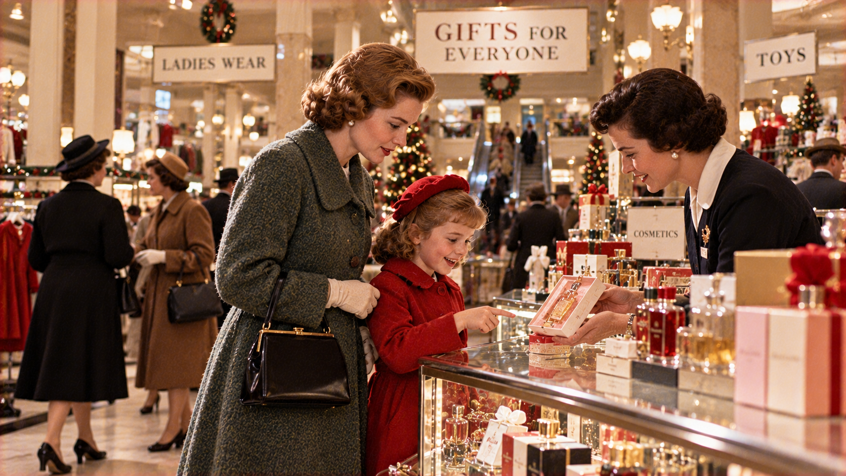A woman and a young girl in a red coat look at a perfume gift set held by a salesclerk in a department store.