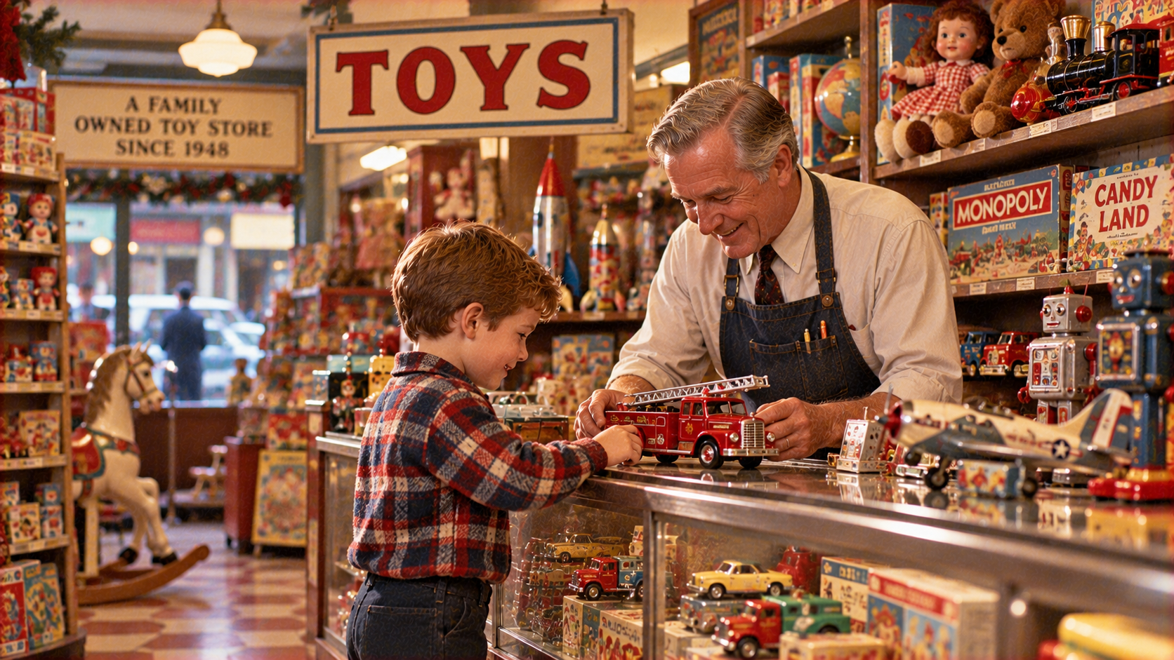 An older shopkeeper in an apron shows a red toy fire truck to a young boy in a plaid shirt inside a vintage toy store.