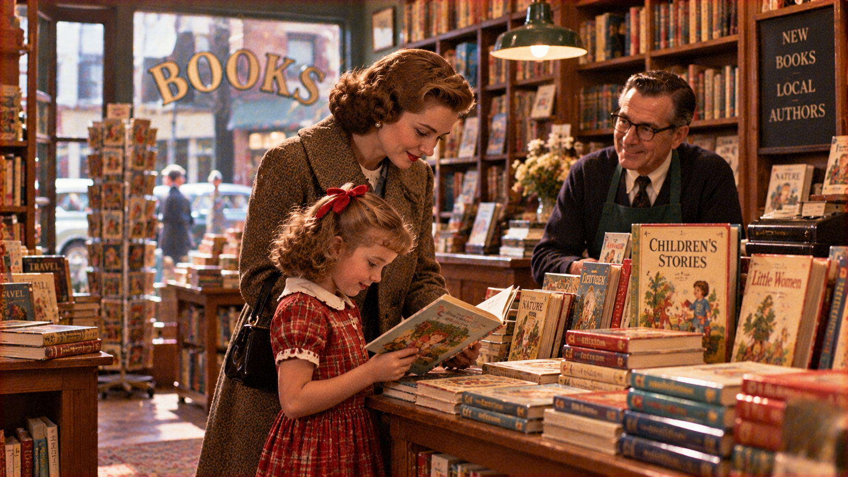 A woman and a young girl in a red plaid dress look at an open book together in a bookstore, with a smiling shopkeeper standing behind the counter.
