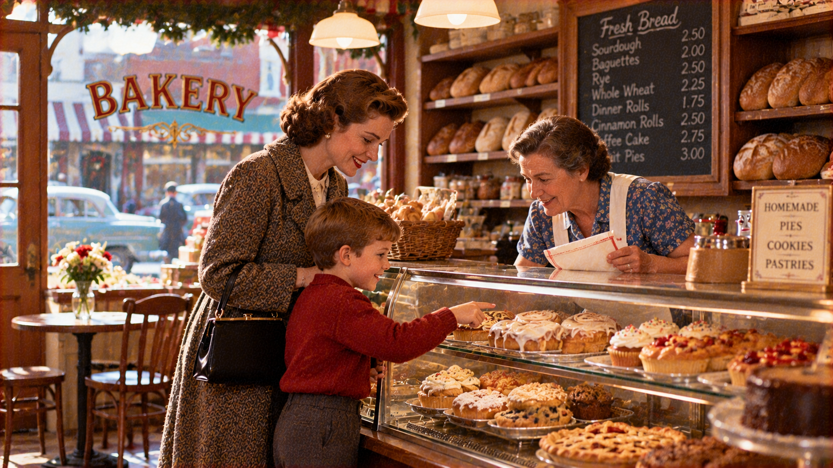A young boy points at pastries behind a bakery display case while a woman looks on, as a bakery employee waits to assist them.
