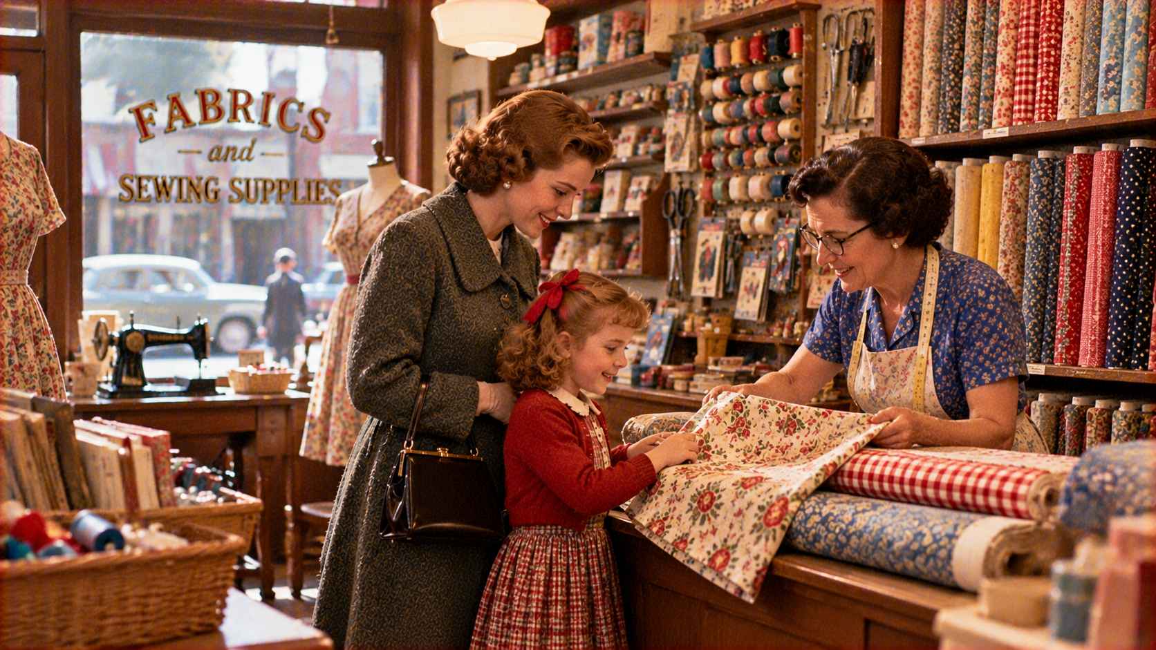 A woman and young girl shopping at a fabric store counter as an assistant measures a piece of floral fabric.