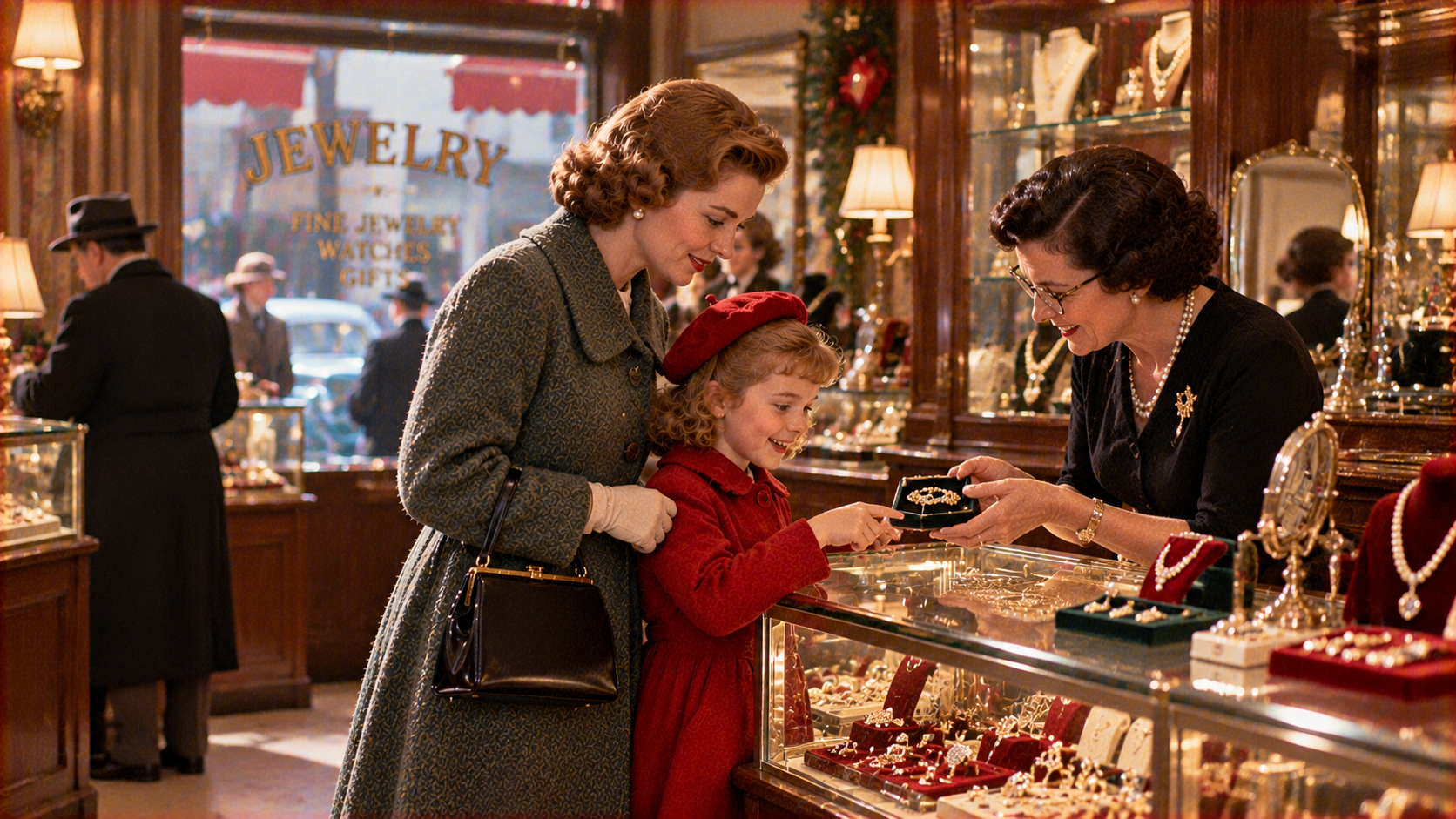 A woman in a vintage coat and a young girl in a red coat look at a piece of jewelry held by a shop clerk in a jewelry store.