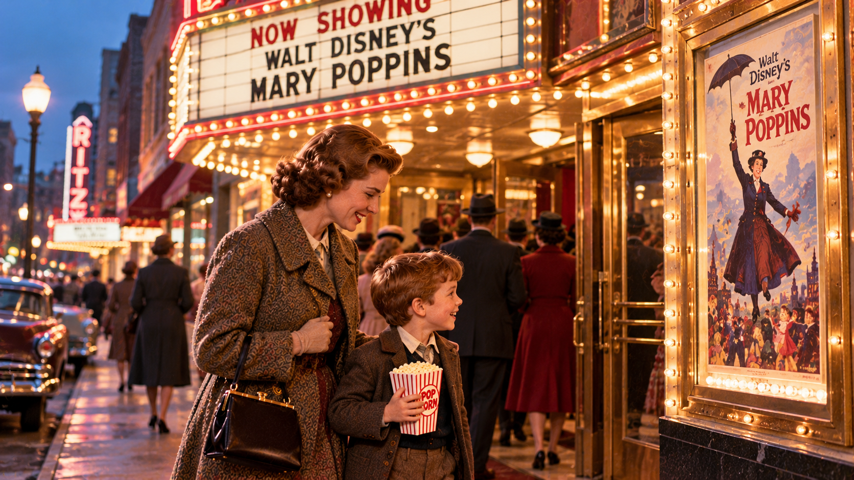 A woman and young boy holding popcorn smile at a Mary Poppins movie poster outside a cinema marquee.