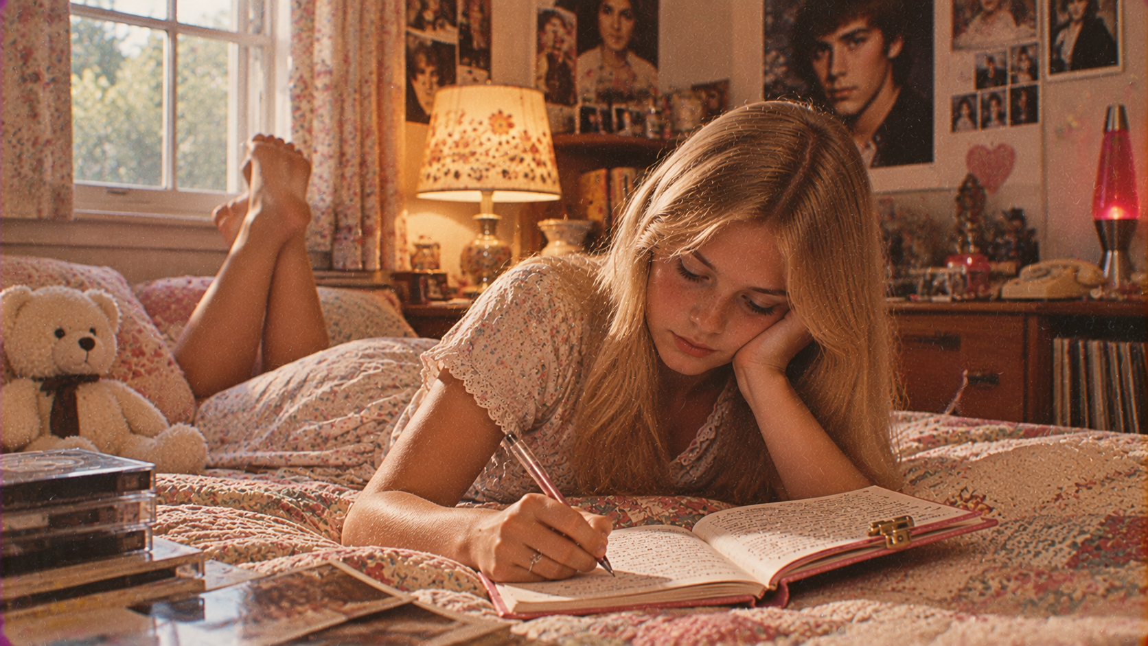 A teenage girl lies on her bed writing in a notebook, surrounded by posters, a teddy bear, and vintage decor. Sunlight streams through the window, creating a cozy, nostalgic atmosphere.