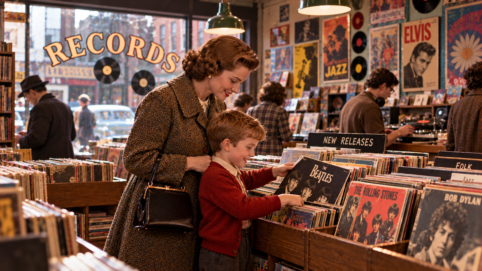 A woman and a young boy look through vinyl records in a music store.