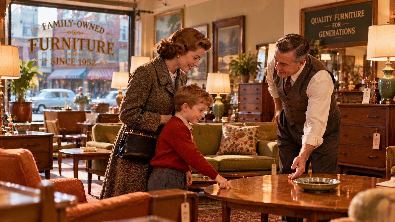 A woman and a young boy look at a wooden table in a furniture store while a man stands nearby, gesturing toward the table.