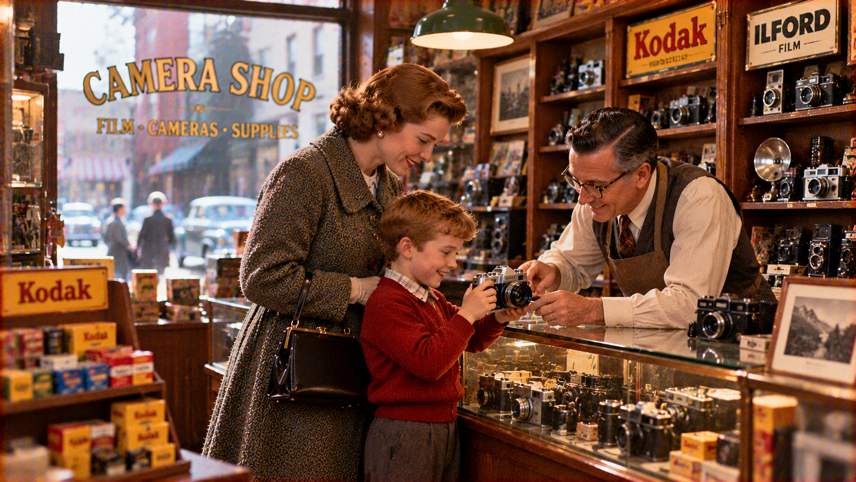 A shopkeeper in a camera store shows a young boy how to use a vintage camera while the boy’s mother watches.
