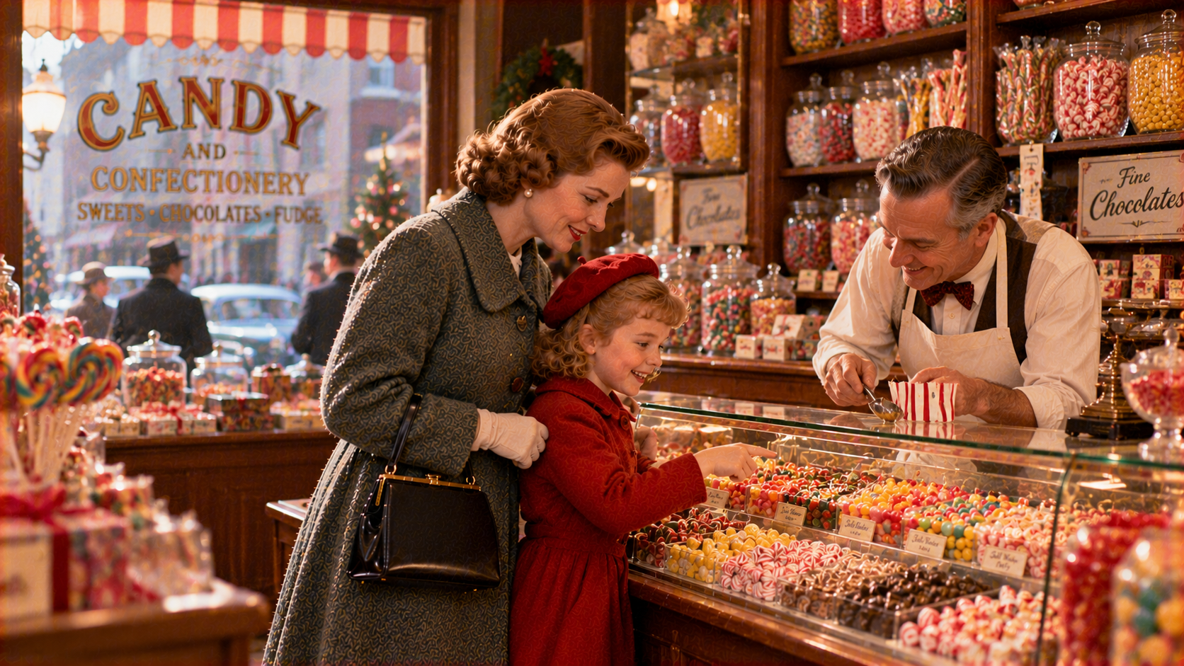 A woman and a young girl in a red coat look at candy behind a glass display counter as a shopkeeper scoops treats for them.