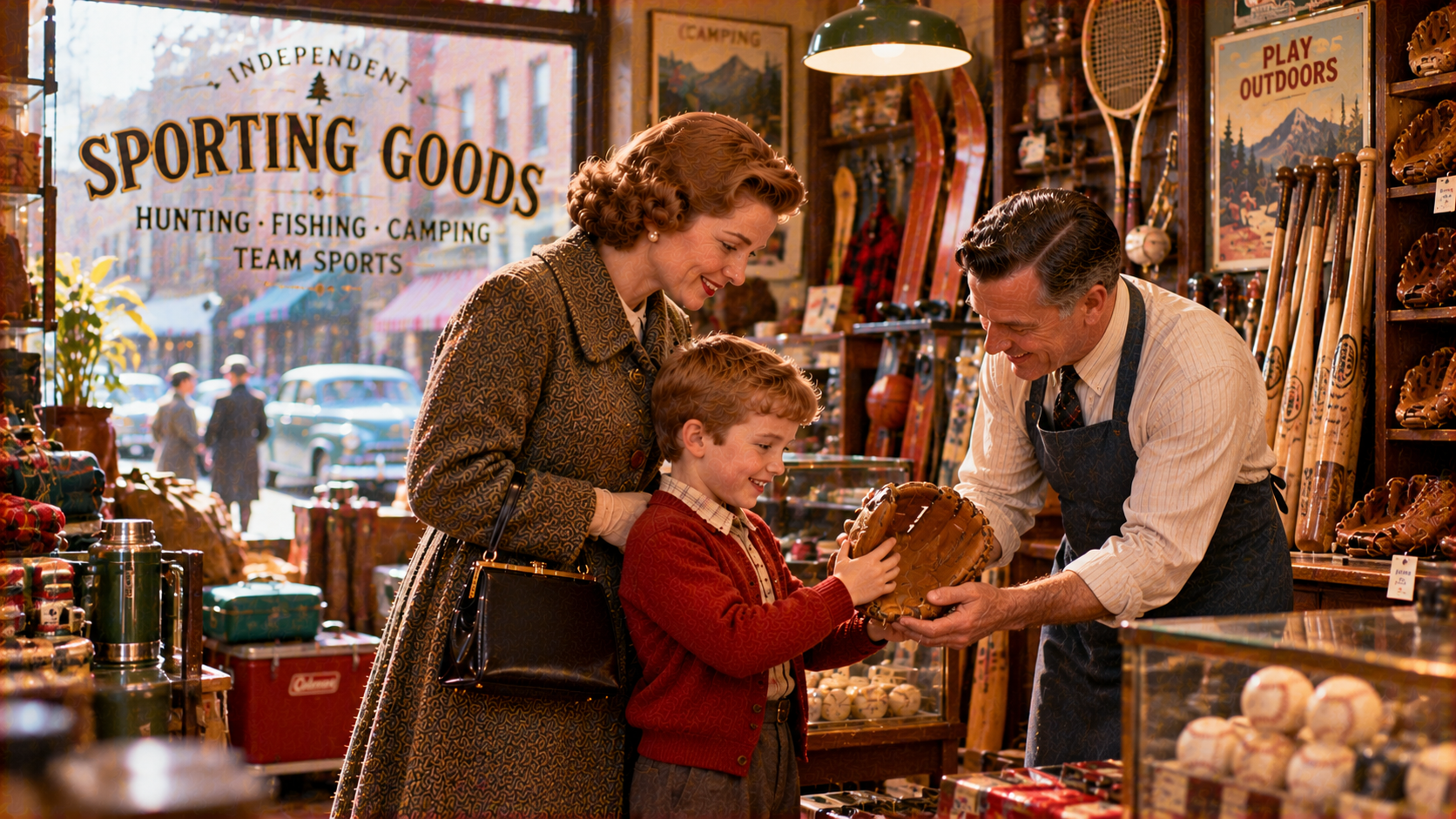 A store clerk shows a baseball glove to a young boy while his mother watches in a sporting goods store.