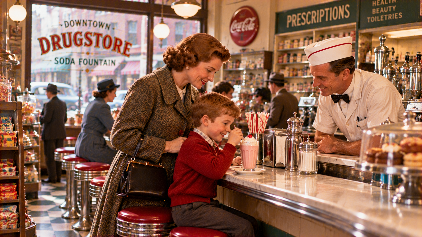 A woman and a young boy sit at a drugstore soda fountain counter while a soda jerk in a white uniform prepares a milkshake for the boy.