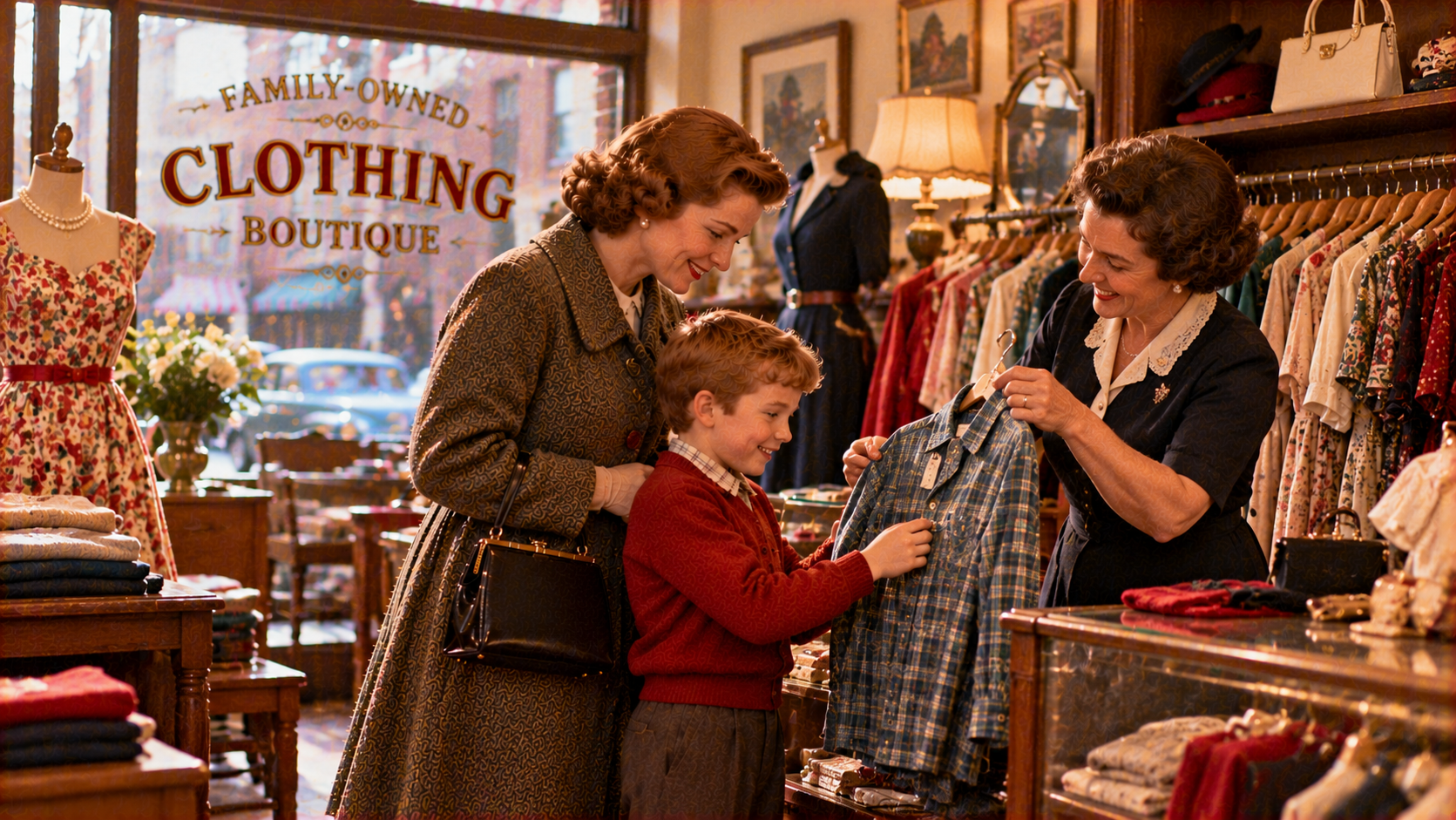 A woman and a young boy look at a plaid shirt held by a store clerk in a vintage clothing boutique.