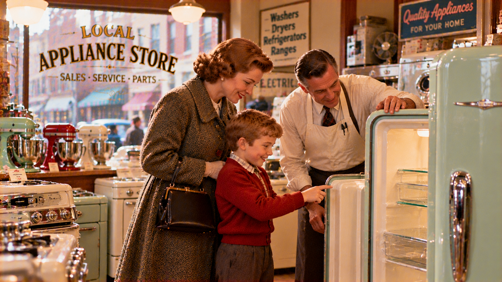 A woman and a young boy look into an open refrigerator while an appliance store clerk smiles nearby.