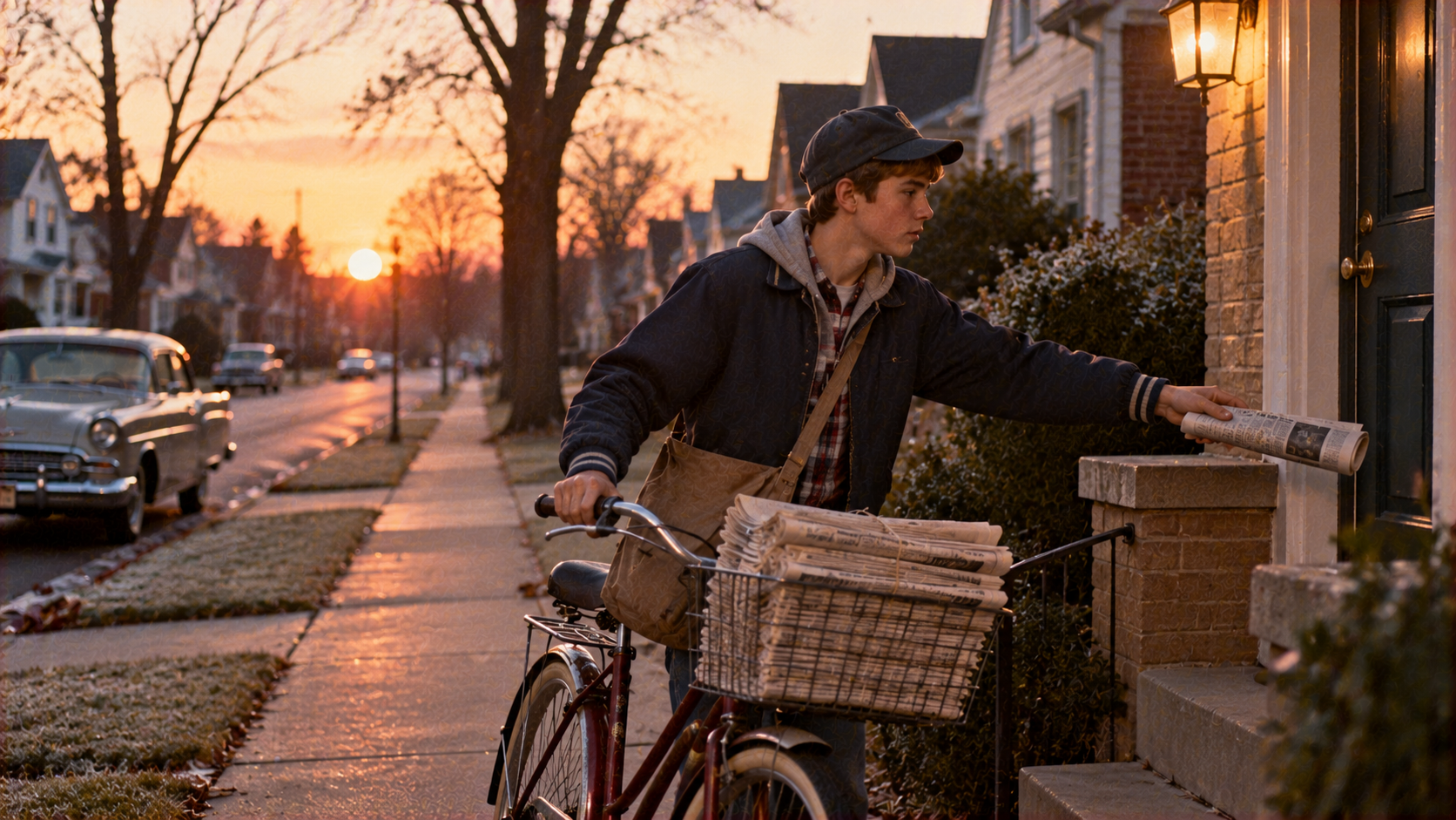A teenage boy on a bicycle delivers a newspaper to a house front door at sunset.