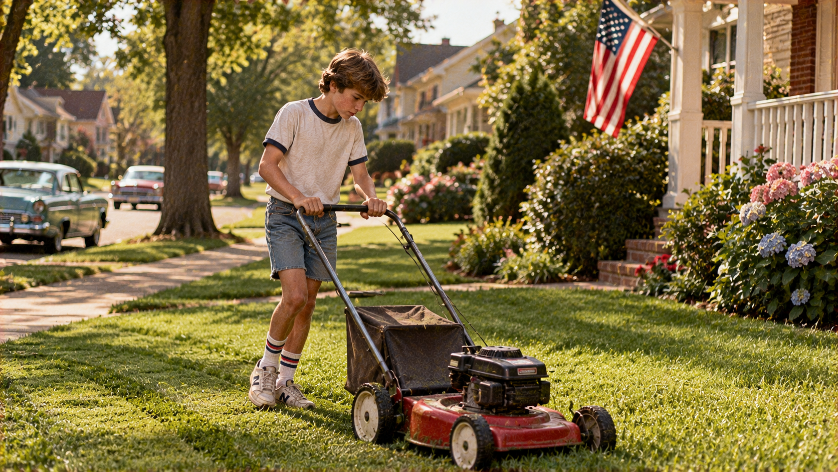 A teenage boy pushes a lawnmower across a front lawn in a suburban neighborhood.