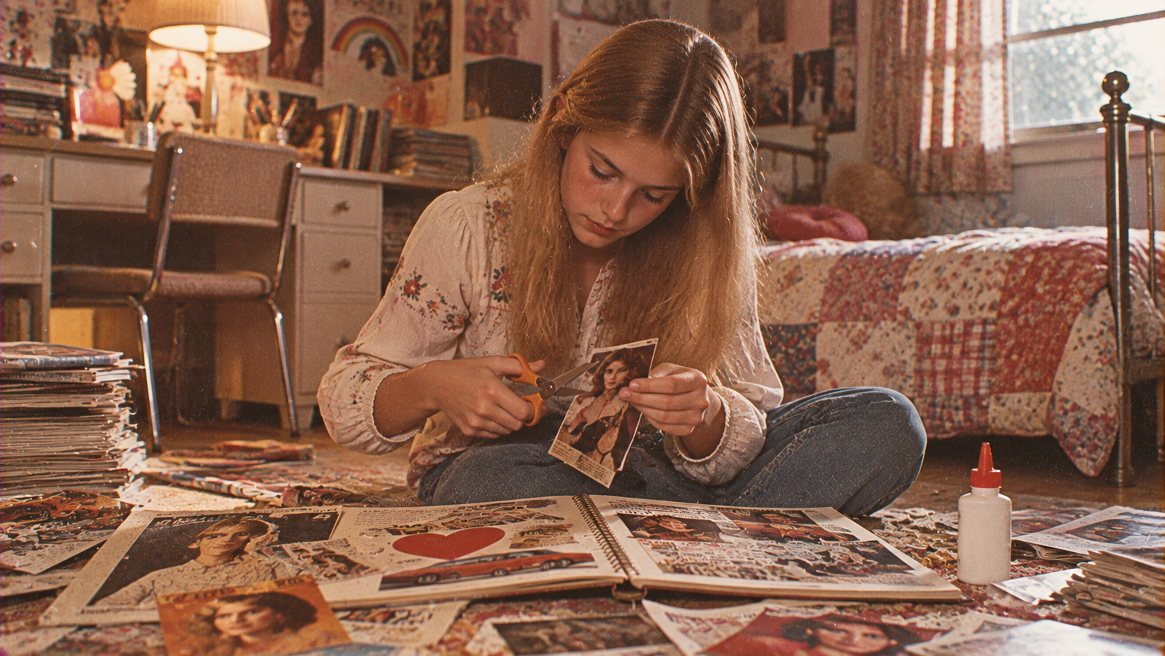 A girl sits on her bedroom floor cutting out magazine photos for a scrapbook. Scissors, glue, magazines, and cutouts surround her. The room has a bed, desk, and posters on the walls. Sunlight streams through the window.