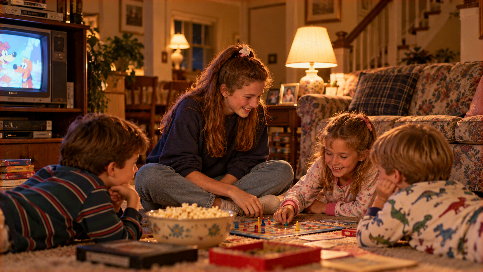 A teenage girl and three children play a board game on a living room carpet near a television and a couch.