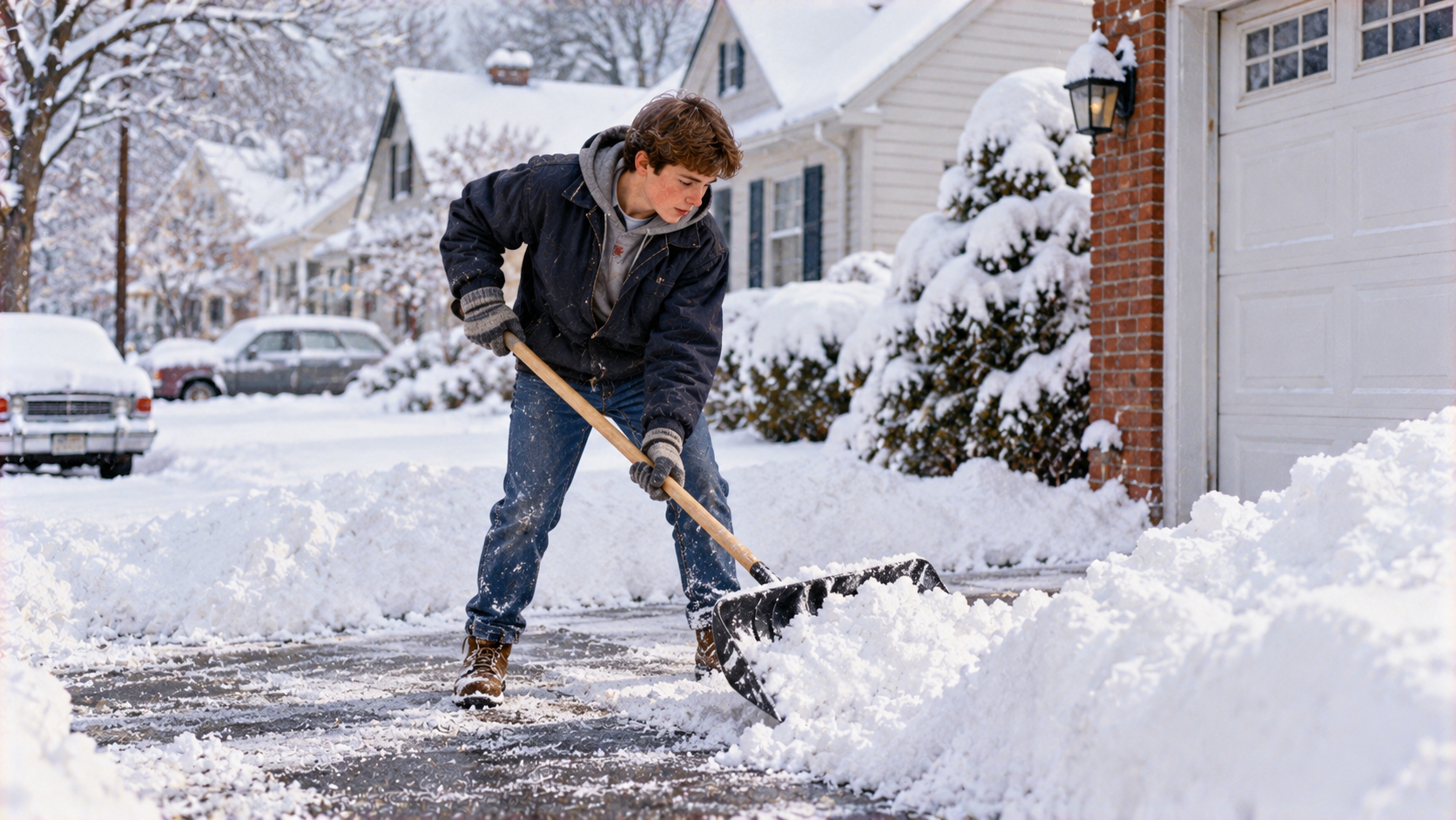 A young person in a winter jacket shovels snow from a suburban driveway.