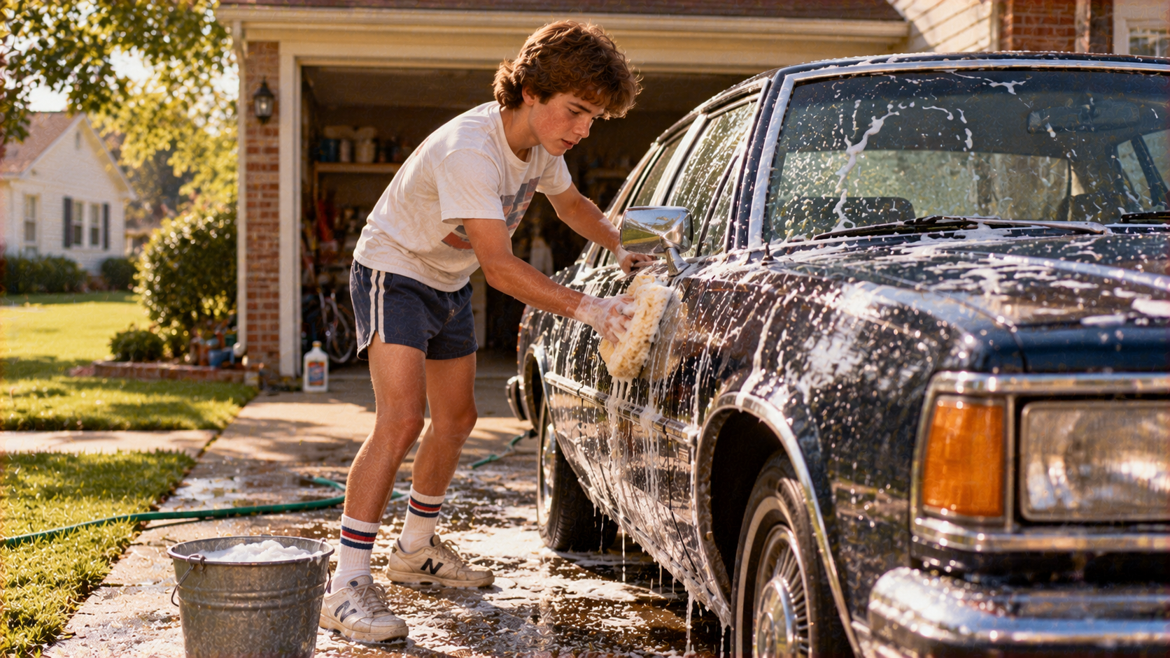 A teenager washing a dark car with a sponge in a suburban driveway.