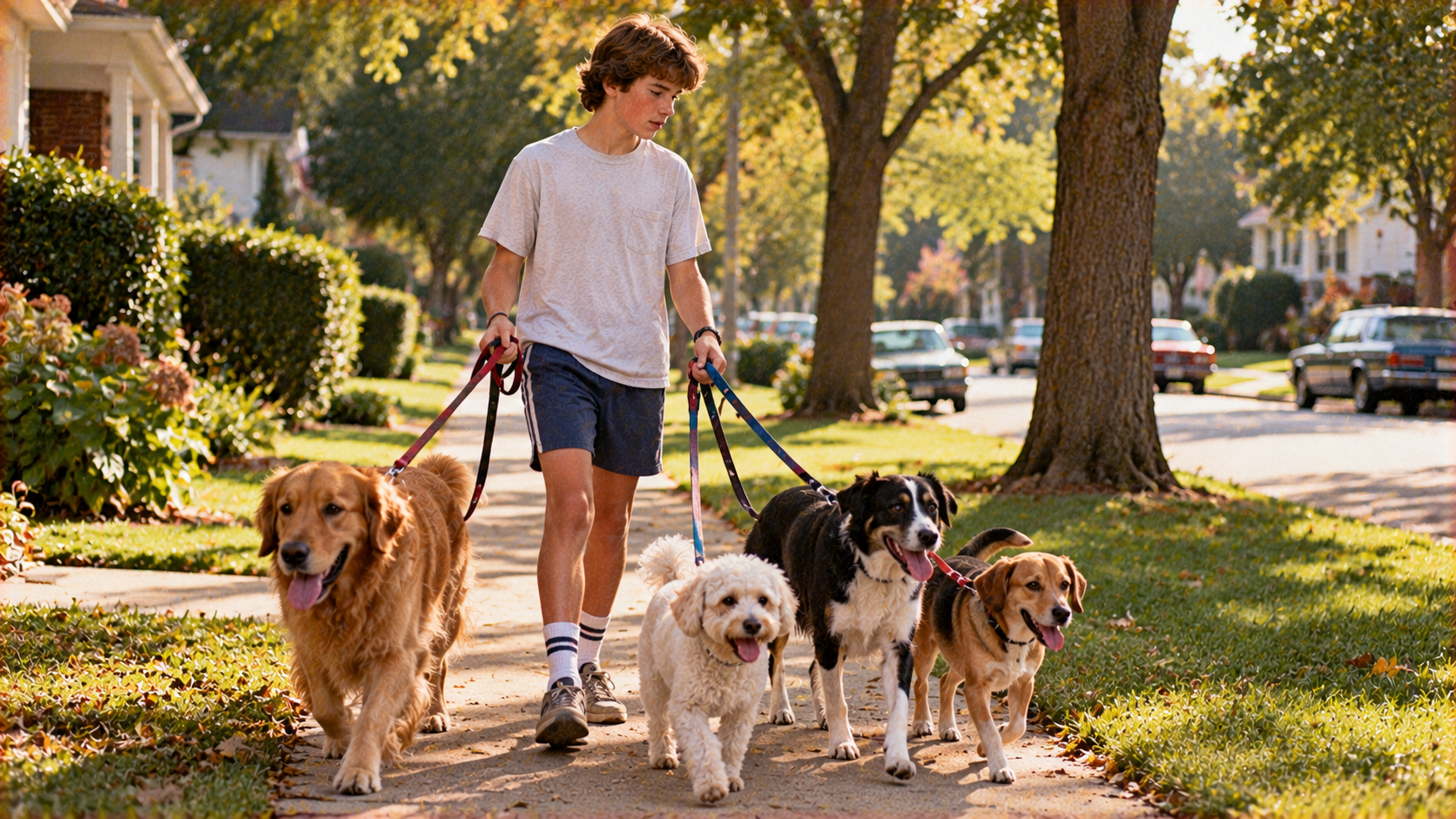 A teenager walks four dogs on leashes along a tree-lined sidewalk.