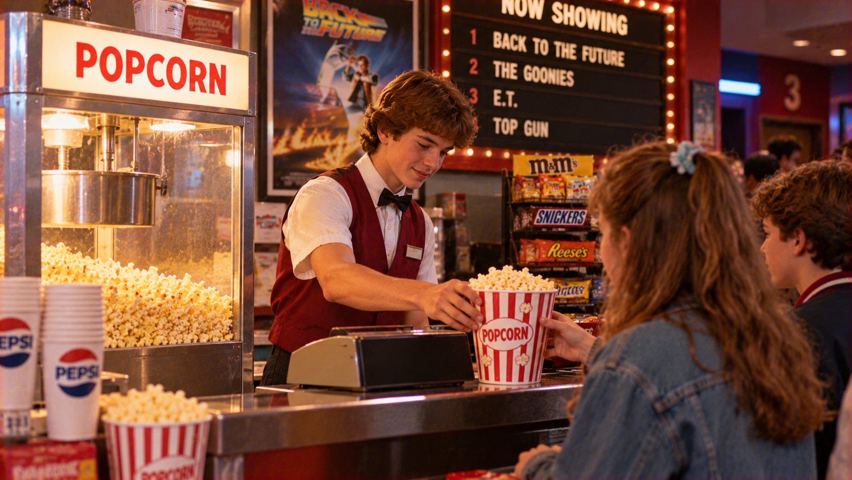 A young man in a cinema uniform serves a bucket of popcorn to a customer at a concession stand.