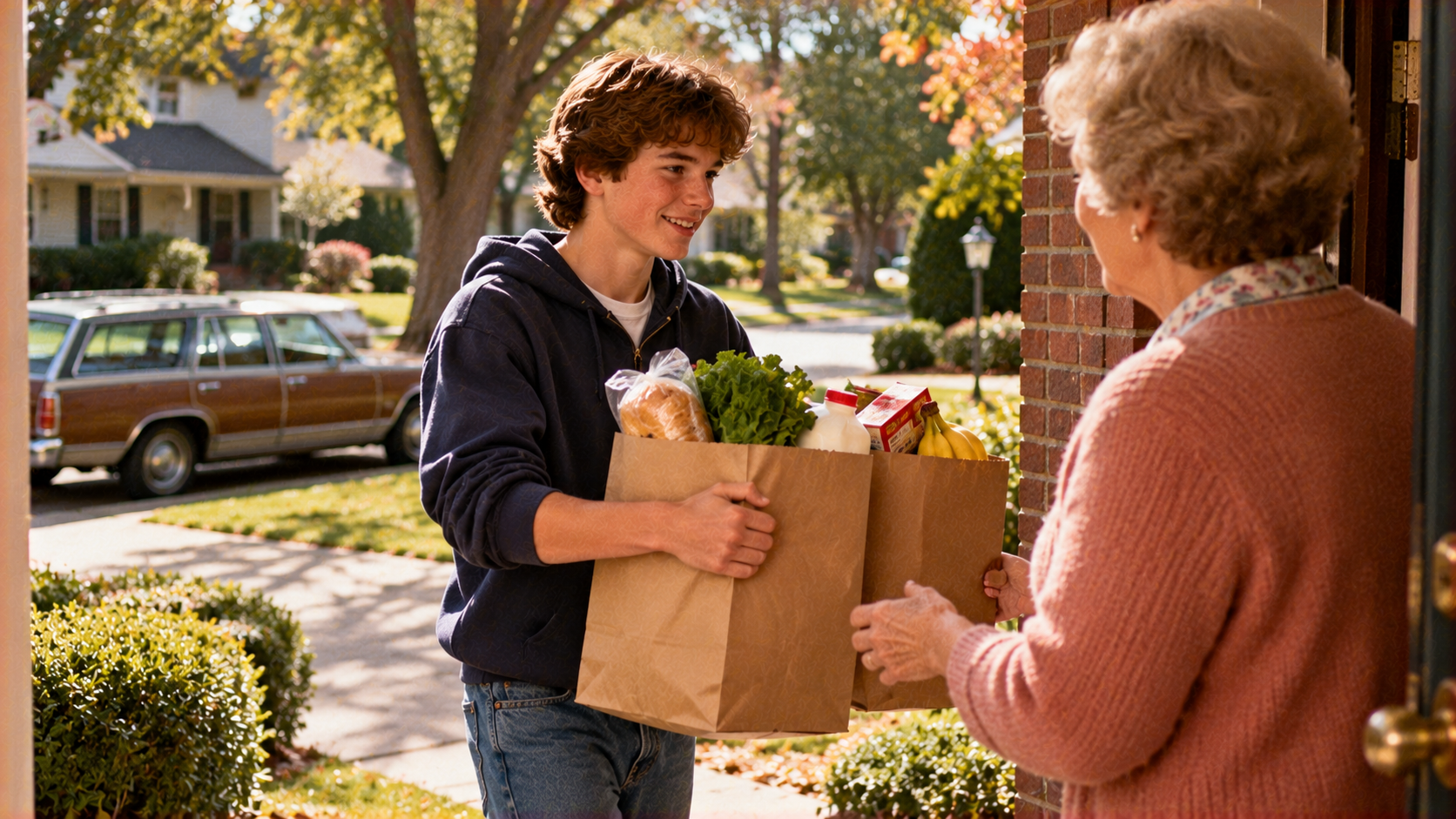 A young man in a hoodie hands two paper grocery bags to an elderly woman standing at her front door.