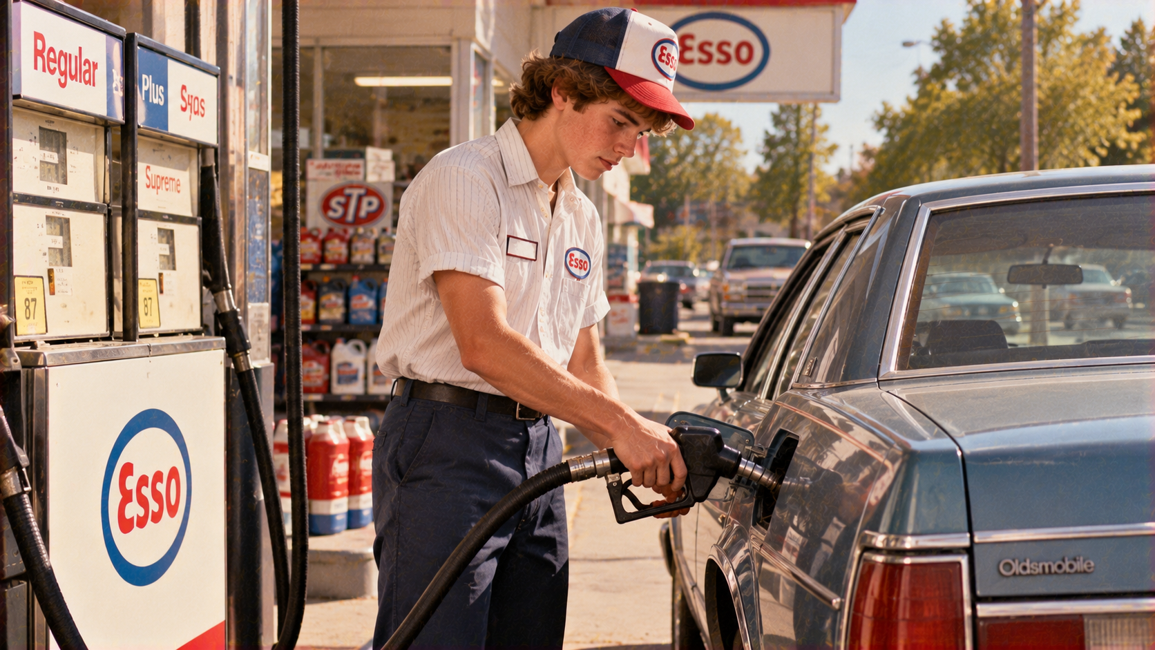 An Esso gas station attendant filling the tank of a blue Oldsmobile sedan.