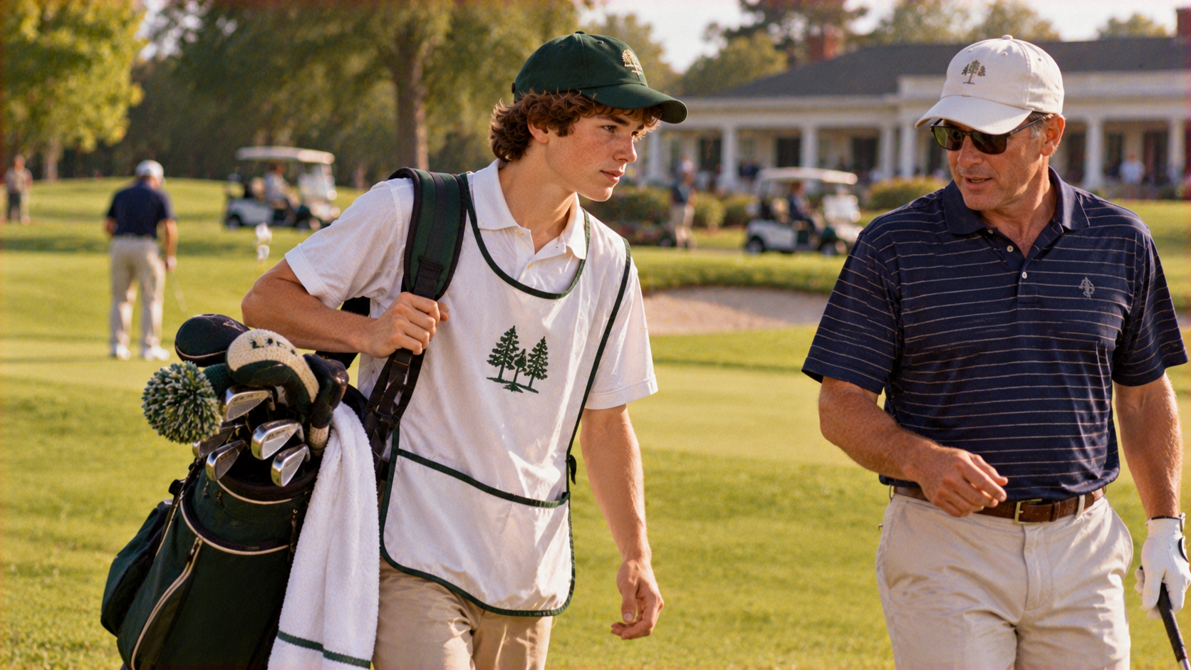 A young caddie carrying a golf bag walks on a golf course alongside a man in a polo shirt and baseball cap.