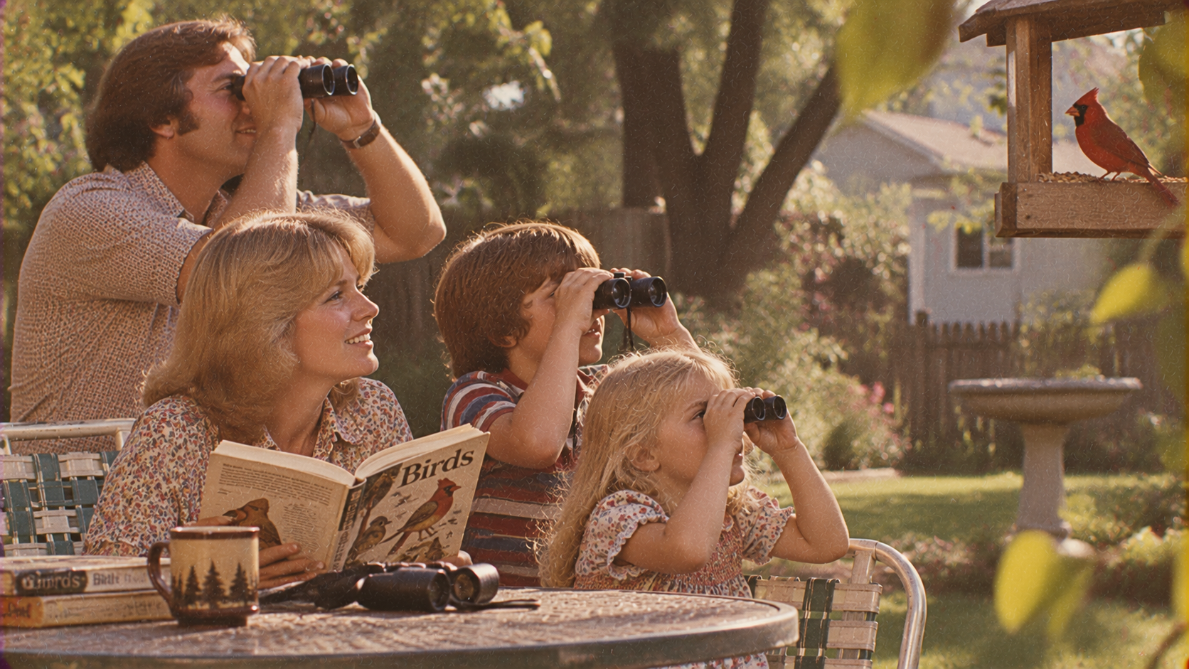 A family of four sits outdoors birdwatching with binoculars. The mother holds a bird book, while a red cardinal perches on a feeder. Trees and a house are in the background. Sunlight filters through the scene.