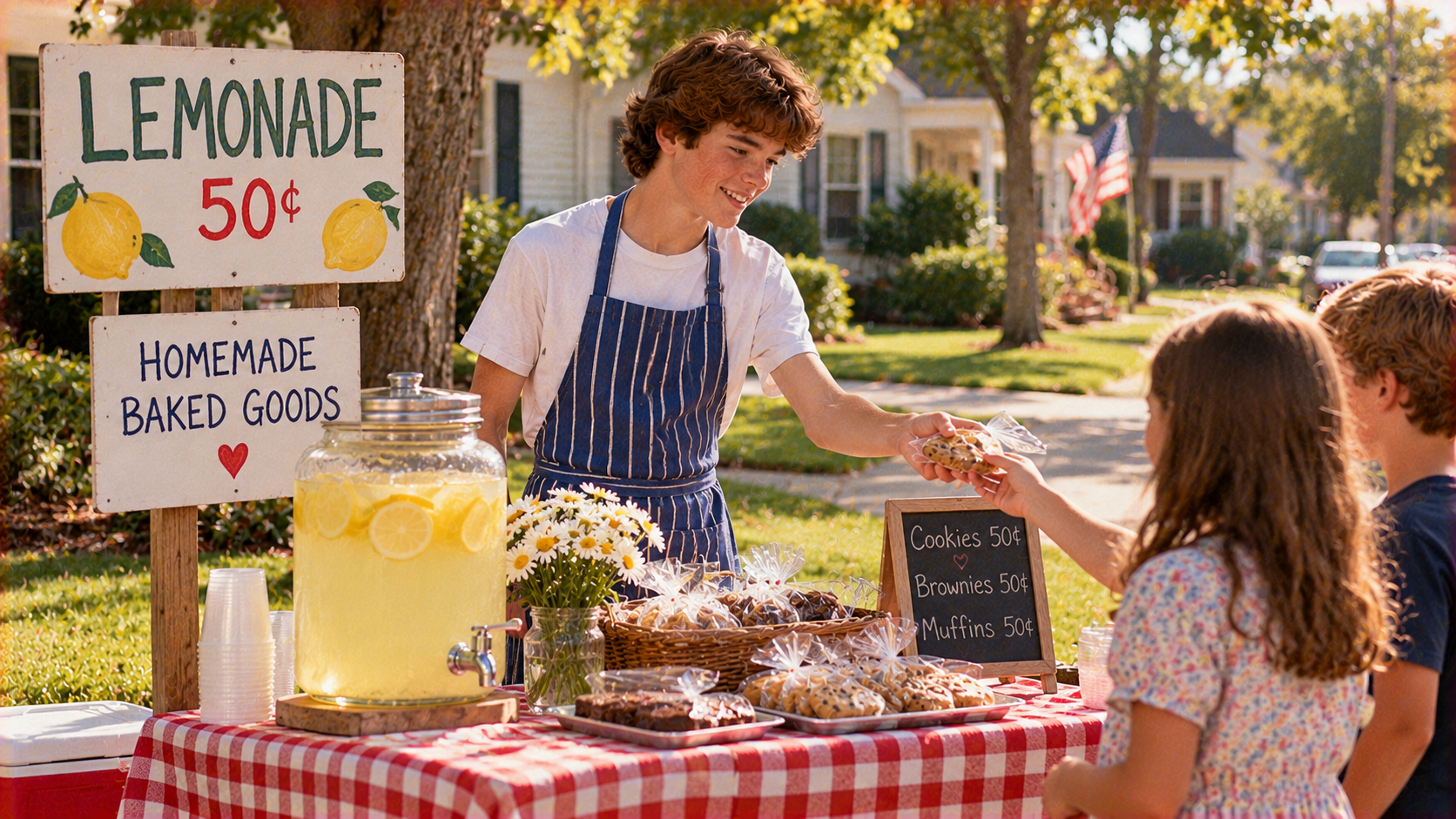 A teenage boy wearing an apron serves a cookie from his roadside stand to a young girl, with signs advertising lemonade and baked goods displayed on a red and white checkered tablecloth.