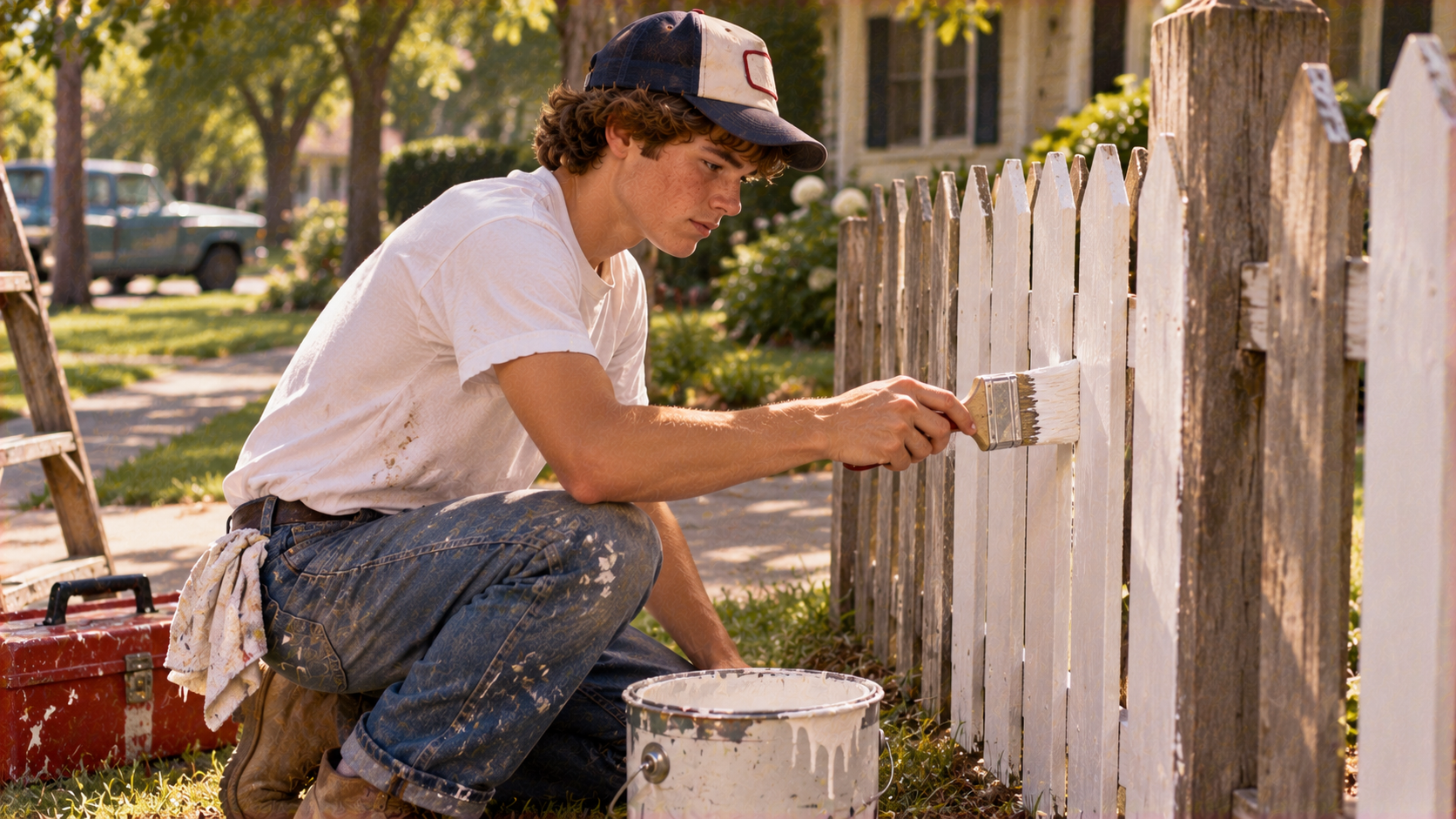 A young man in a cap and jeans kneels on the grass, painting a white picket fence with a brush.