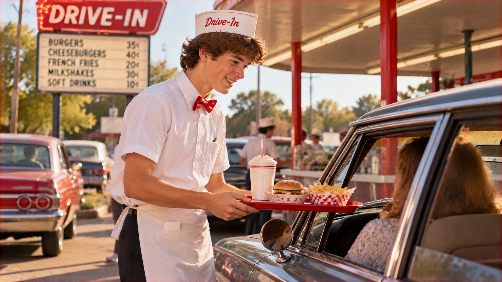 A drive-in restaurant carhop in a uniform and paper hat serves a tray with a burger, fries, and a milkshake to a customer in a car.