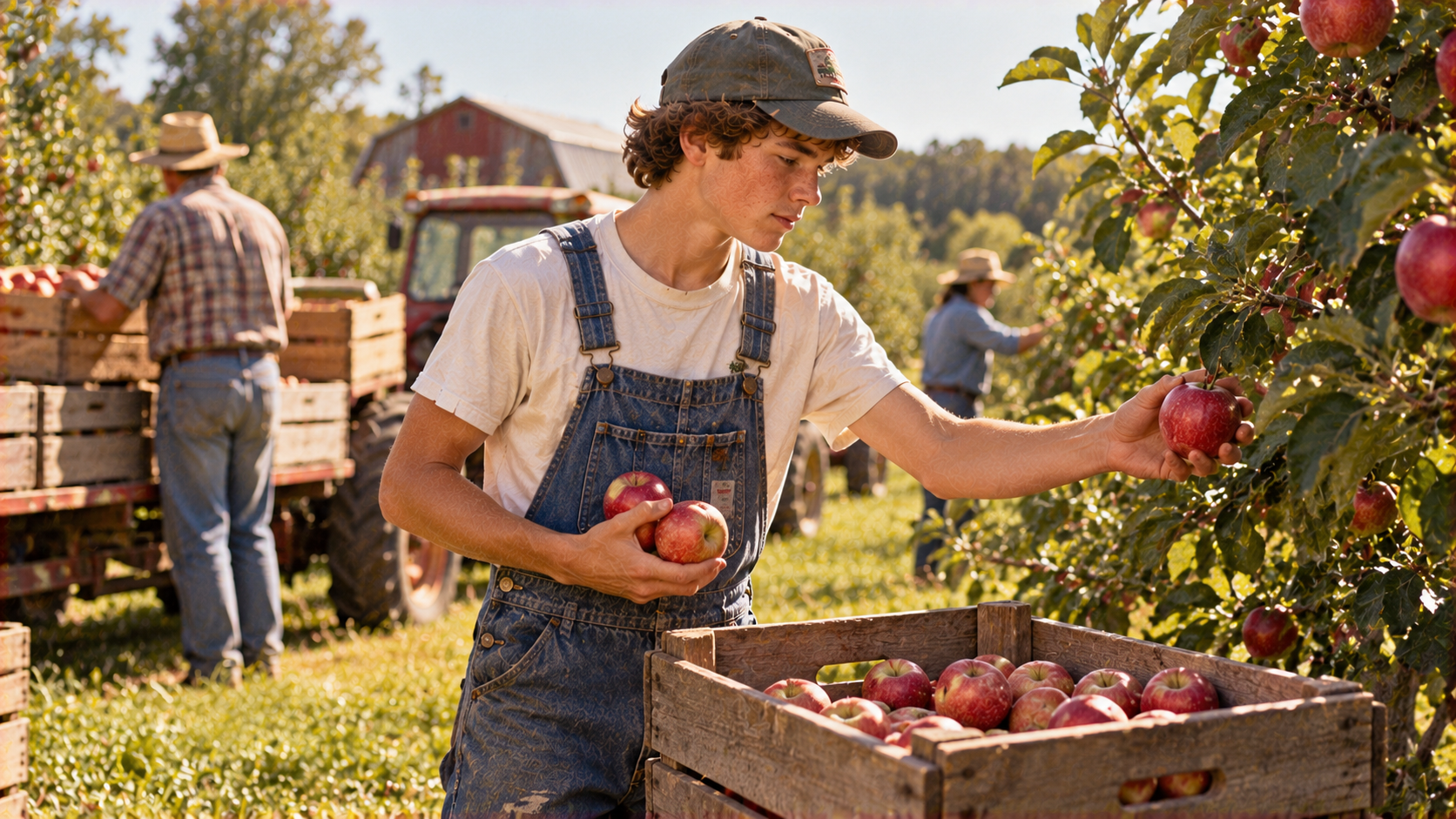 A young man in denim overalls picks an apple from a tree into a wooden crate in an orchard, while a person in the background loads apples into a tractor-pulled trailer.