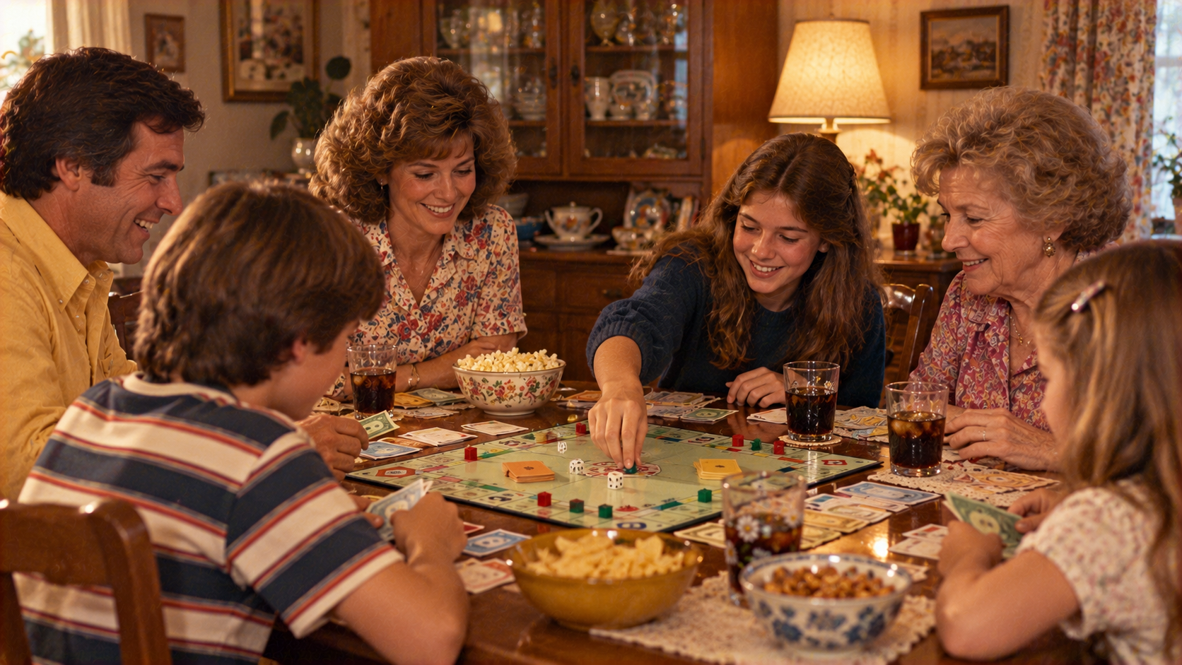 A multi-generational family sits around a dining table playing a board game.