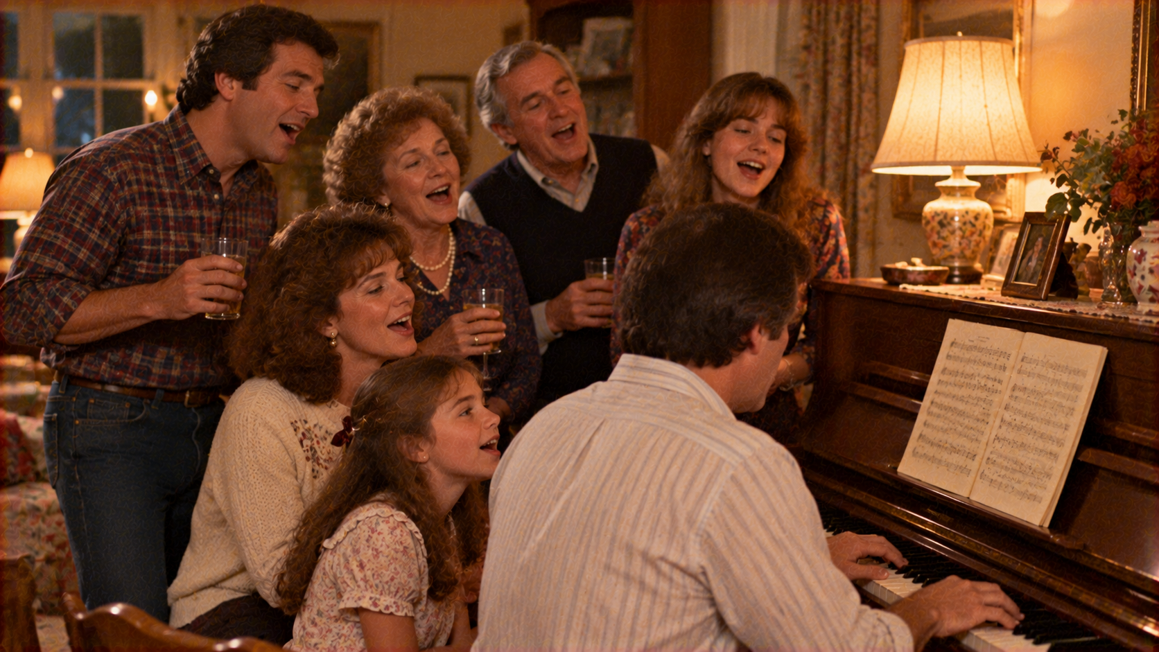 A multi-generational family sings together while one man plays the piano in a cozy living room.