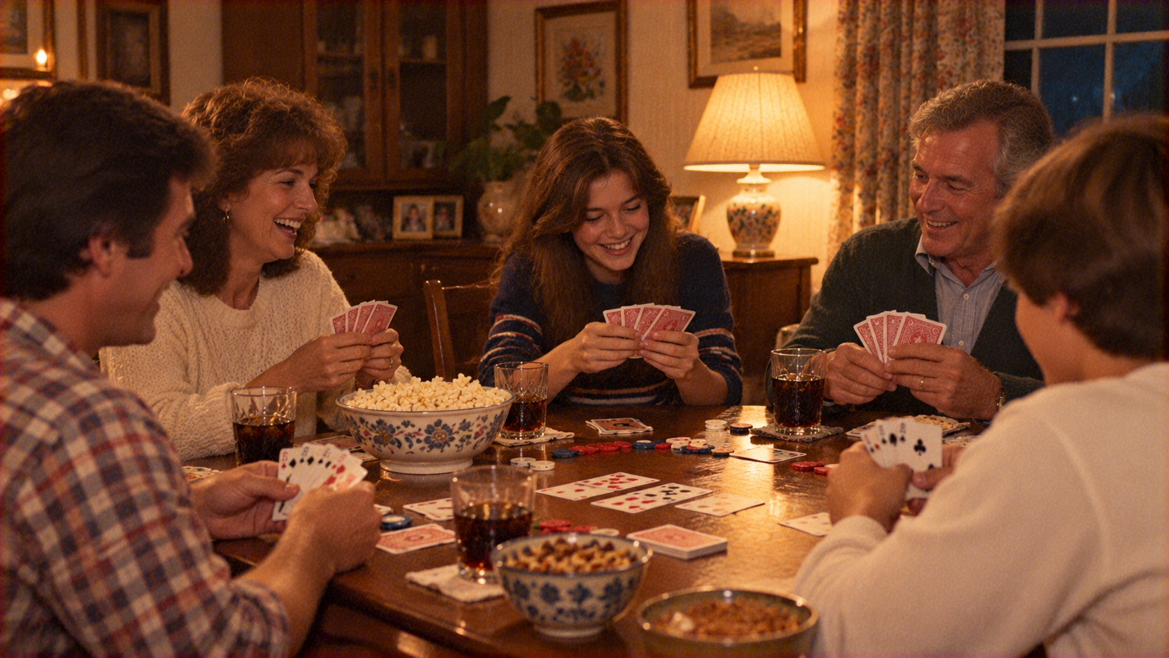 A family sits around a dining table playing a game of cards with a bowl of popcorn and snacks between them.