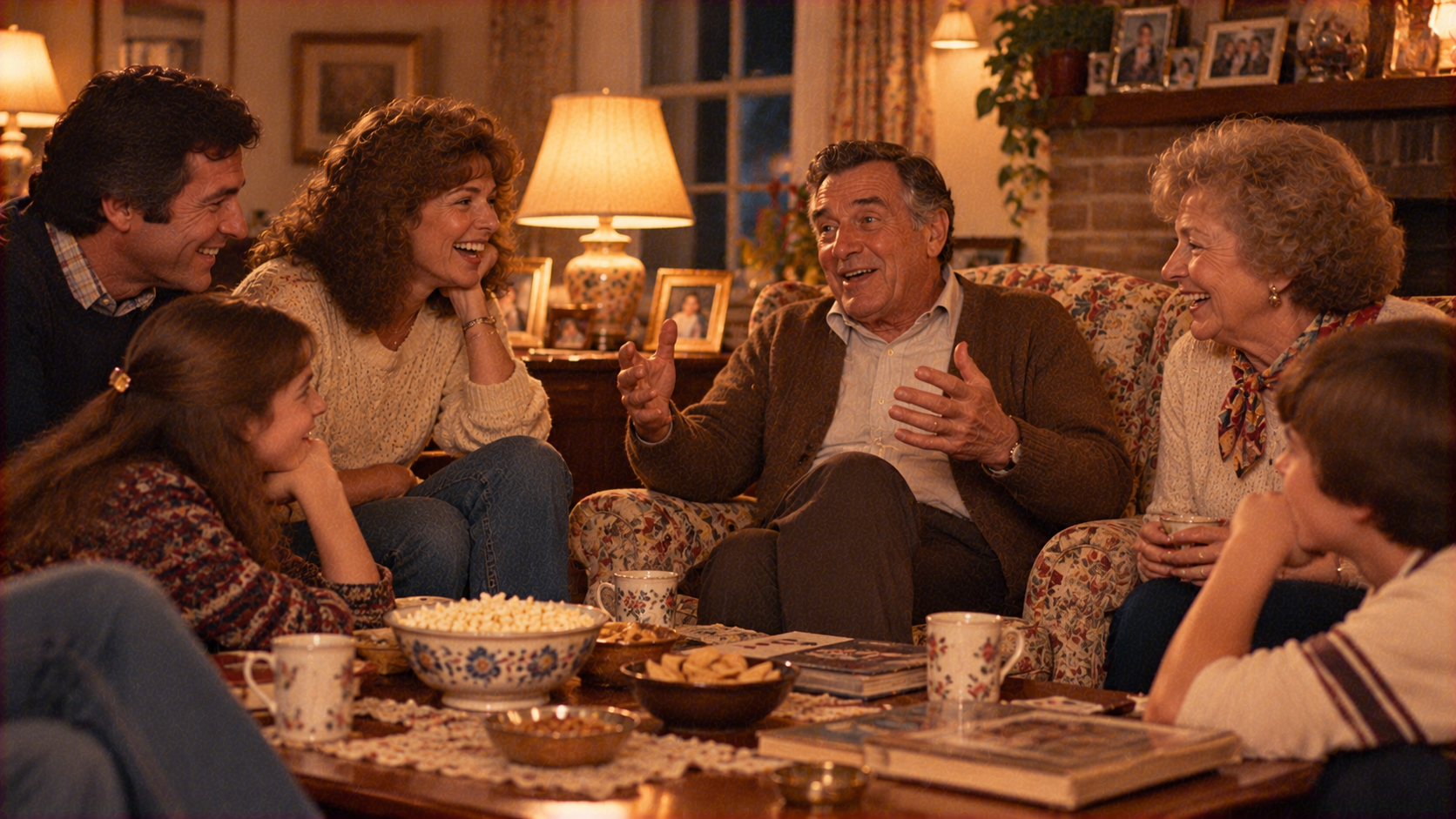 A multi-generational family sitting in a living room, laughing and talking around a coffee table with snacks.