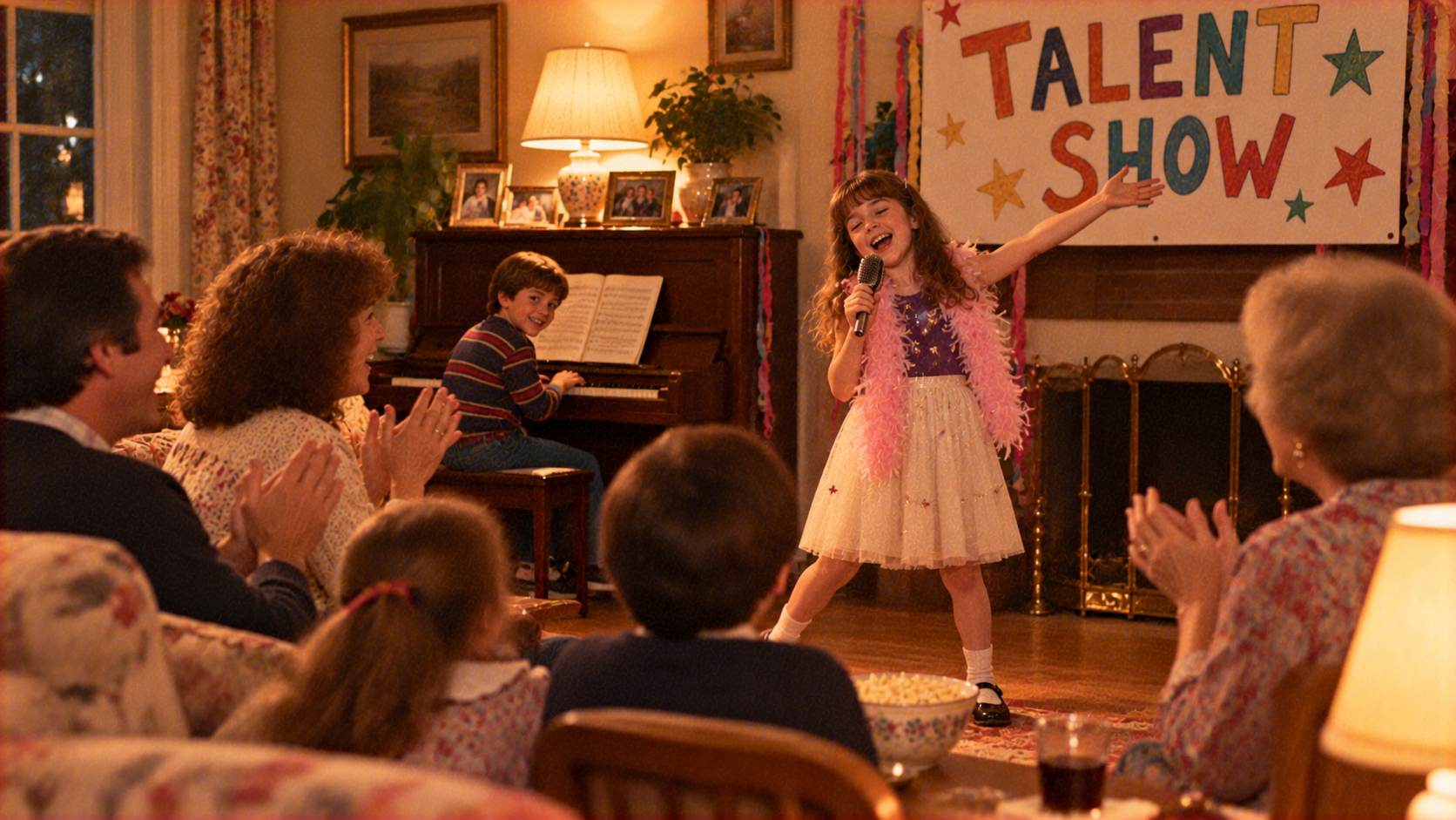 A young girl wearing a pink boa sings into a microphone during a living room talent show while her family watches and a boy plays the piano in the background.