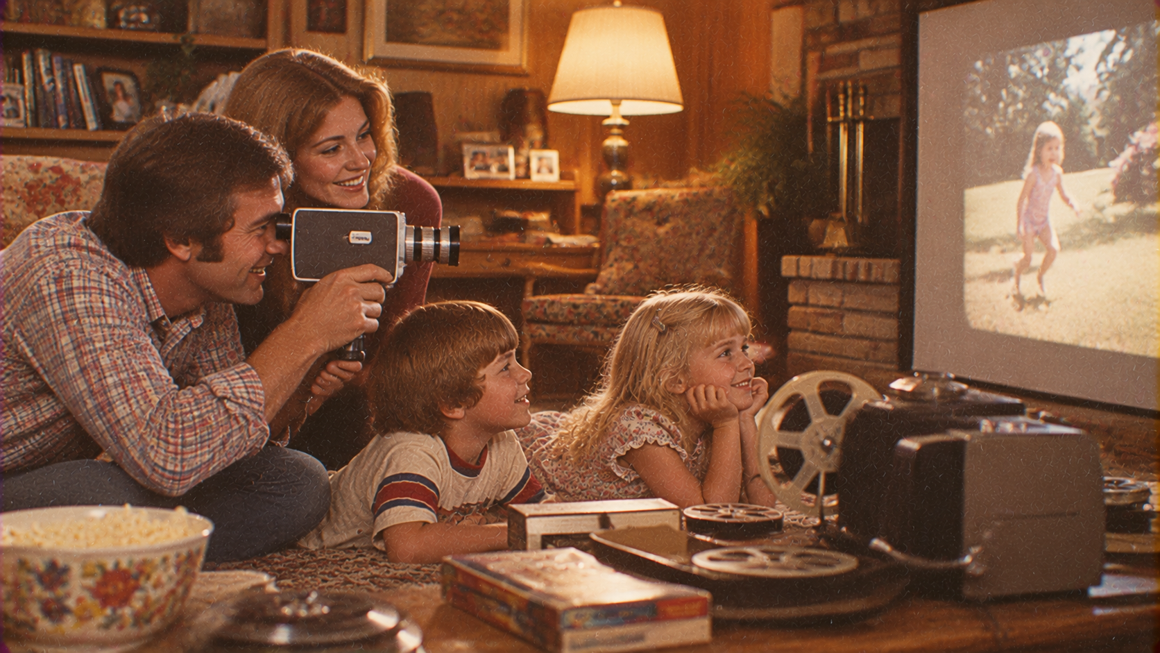 A smiling family watches home movies in a cozy living room. Two kids and two adults sit together, with a projector showing a young girl on screen. Popcorn and board games are on the table.