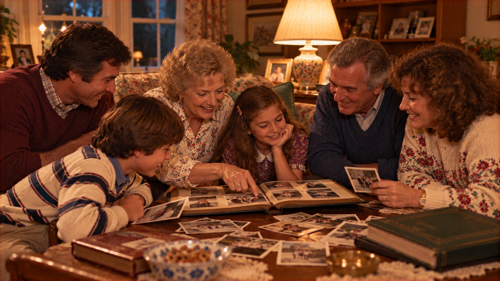 Three generations of a family sit around a table together looking through a photo album and loose photographs.