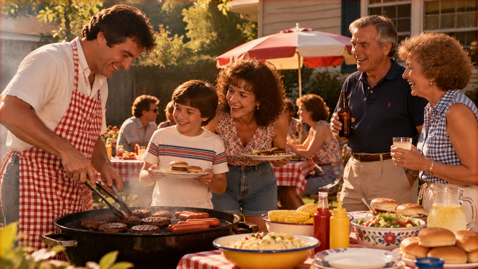 A family enjoys a backyard barbecue, with a man grilling burgers and hot dogs for a young boy and guests gathered at a picnic table.