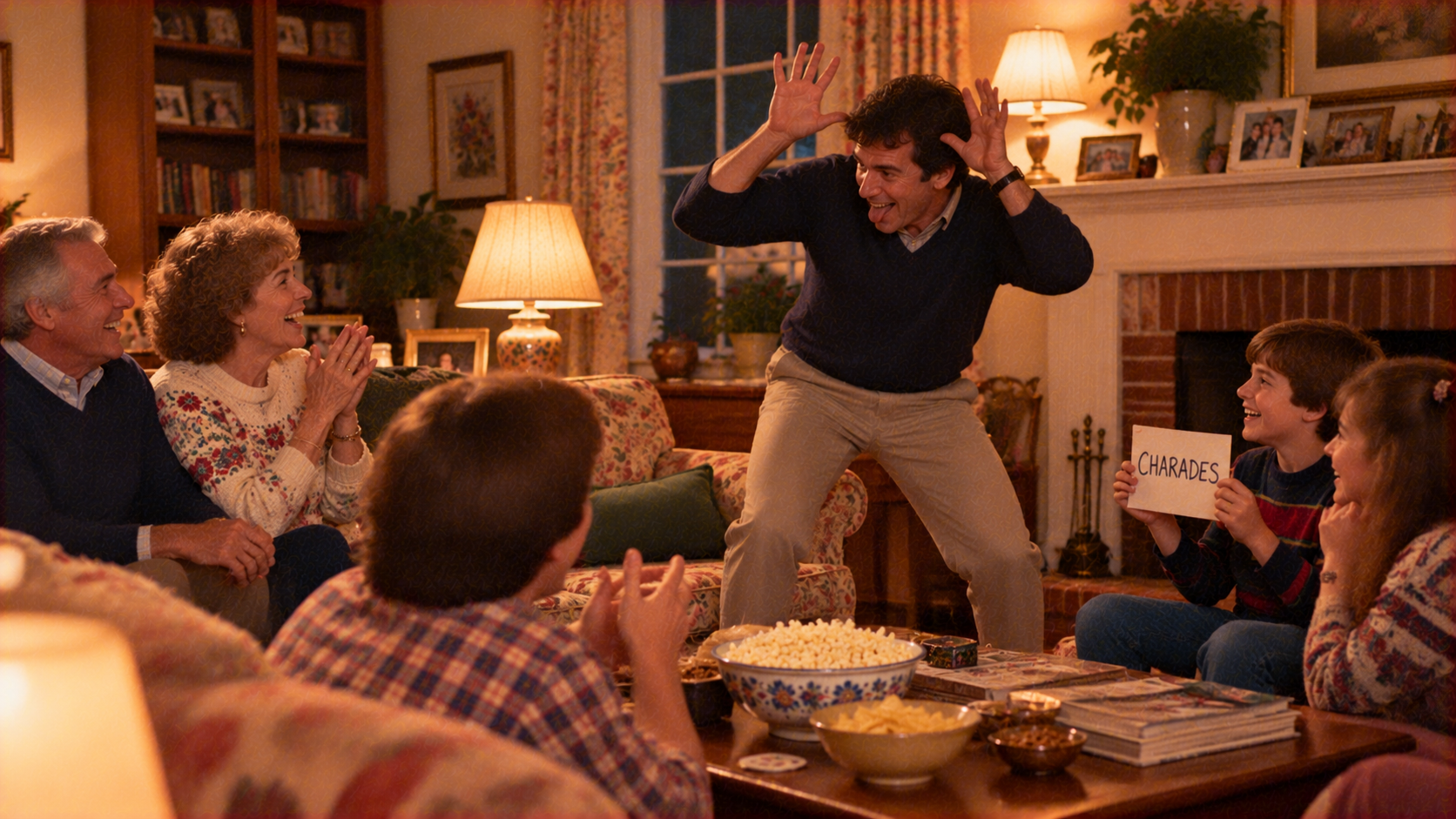 A man acts out a charade in front of his family in a living room, while a boy holds a sign that reads “CHARADES.”